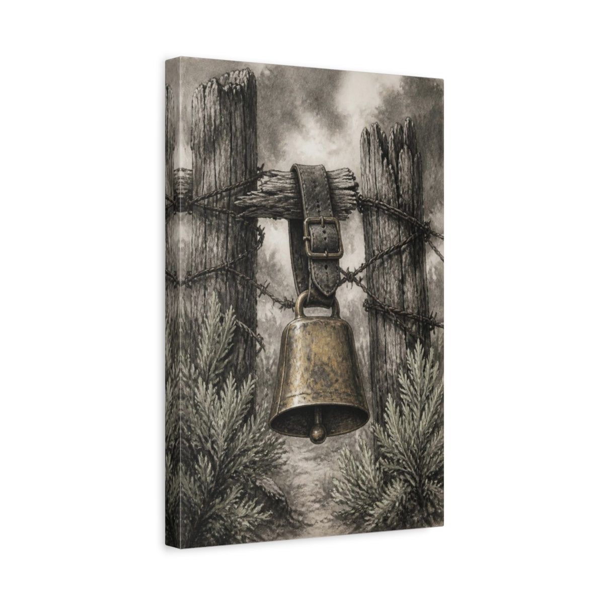 Side Mockup 4. Rustic Cowbell On Fence shown as canvas print