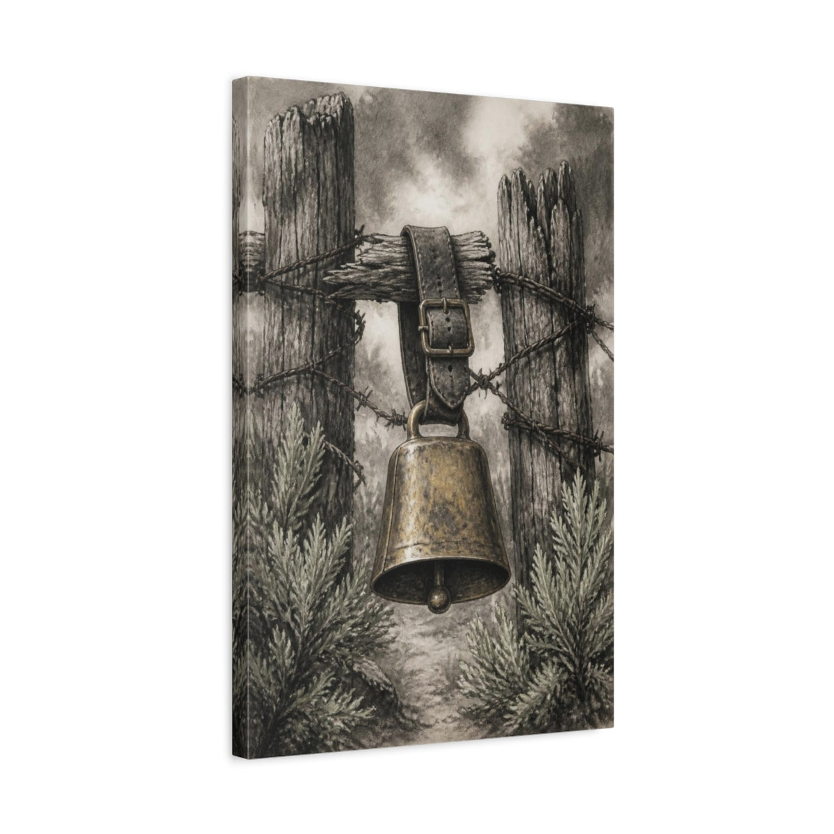 Side Mockup 3. Rustic Cowbell On Fence shown as canvas print