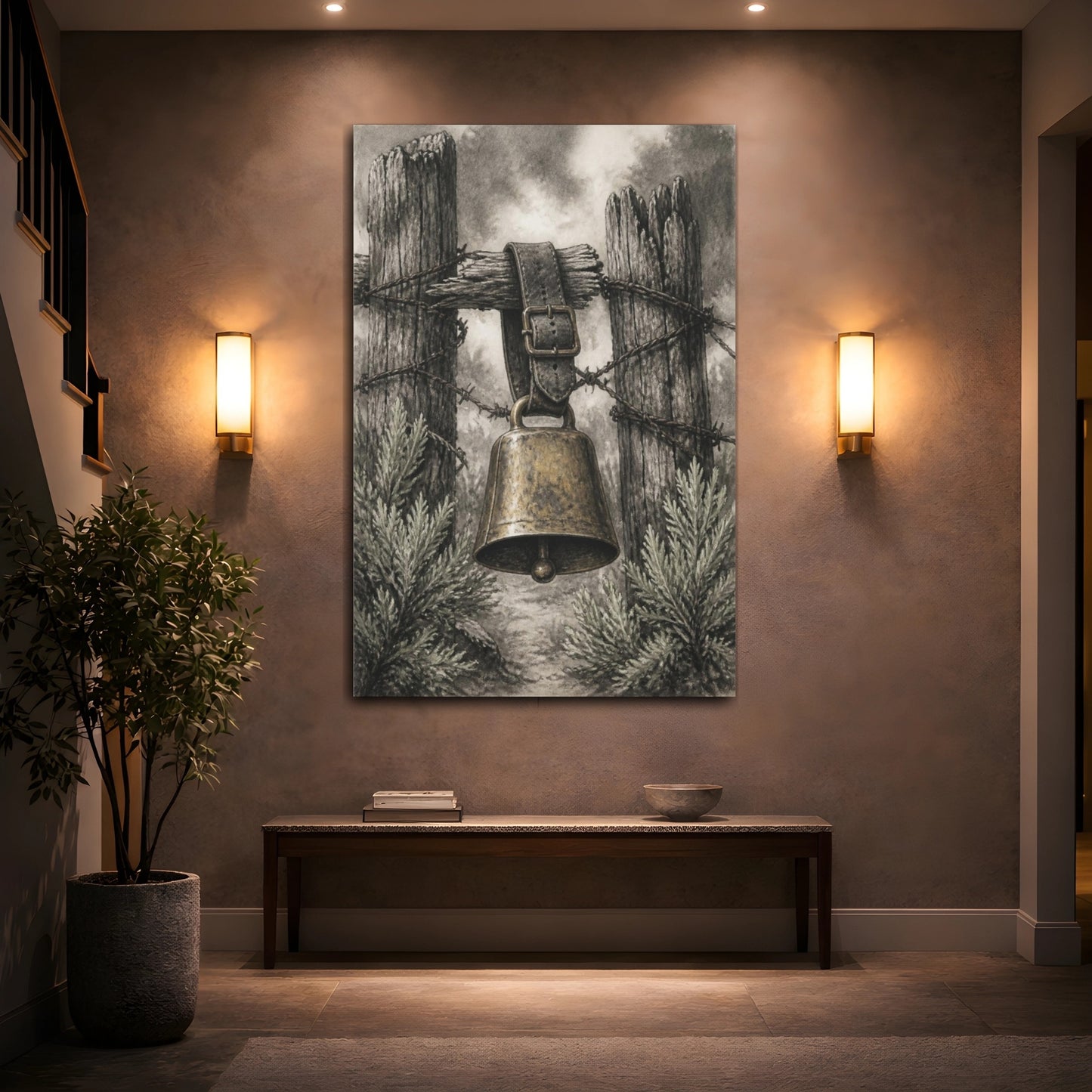 Mockup 2. Rustic Cowbell On Fence shown as canvas print