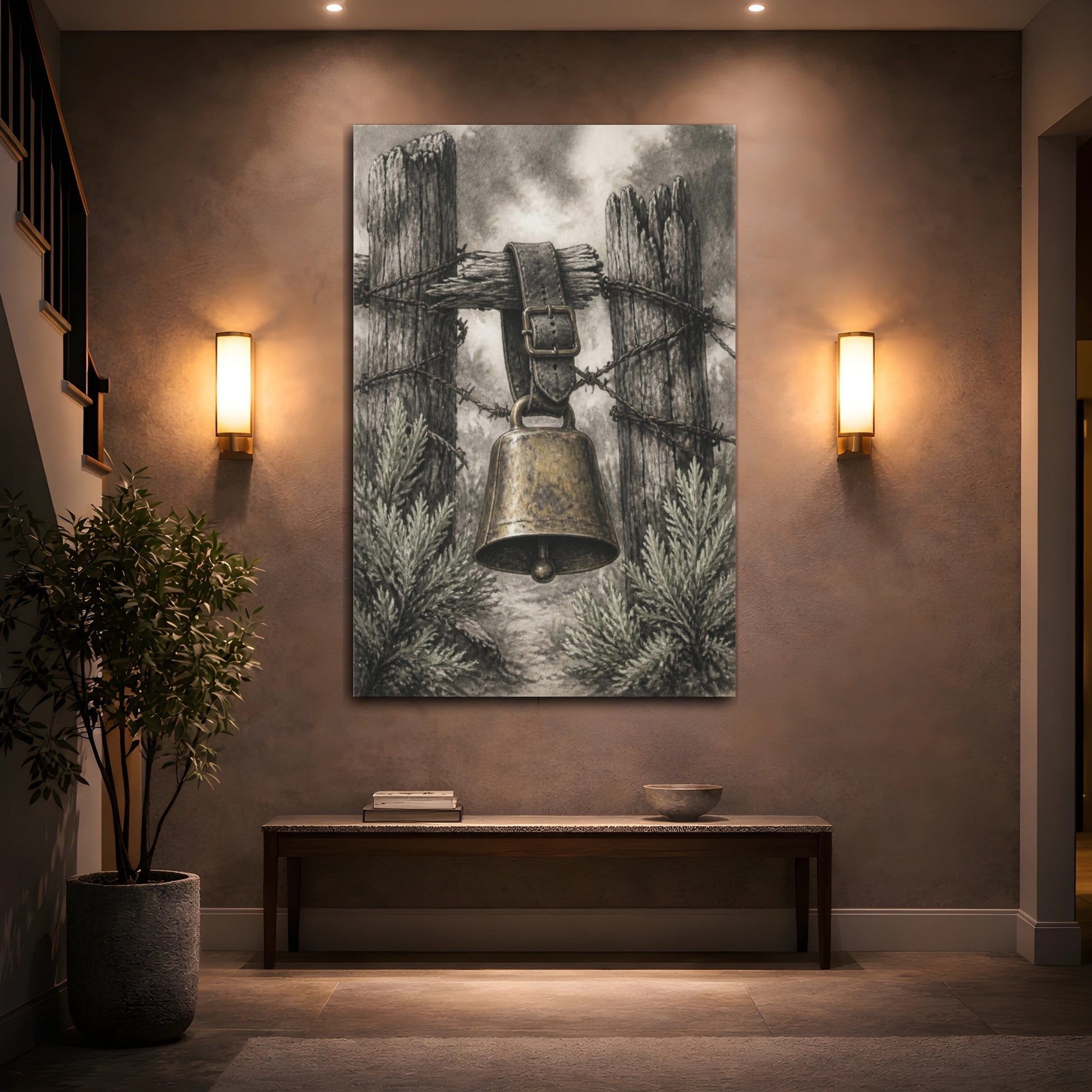 Mockup 2. Rustic Cowbell On Fence shown as canvas print