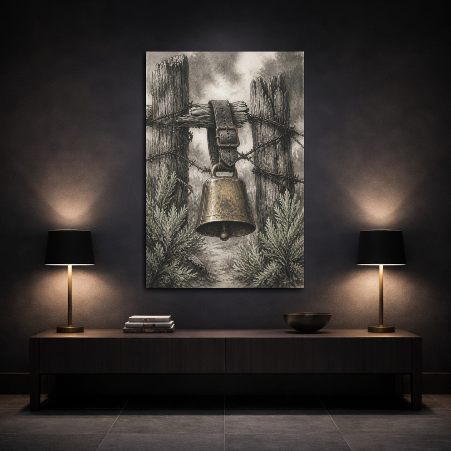 Mockup 3. Rustic Cowbell On Fence shown as canvas print