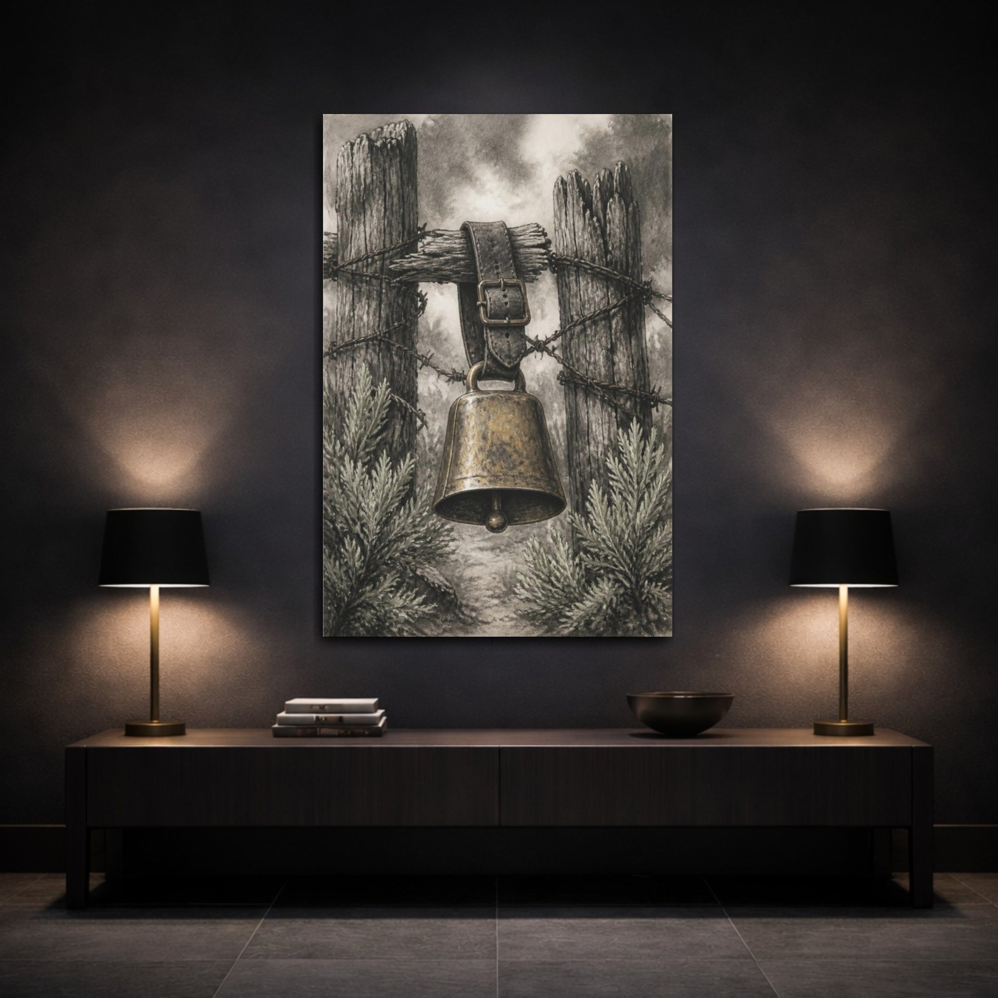 Mockup 3. Rustic Cowbell On Fence shown as canvas print