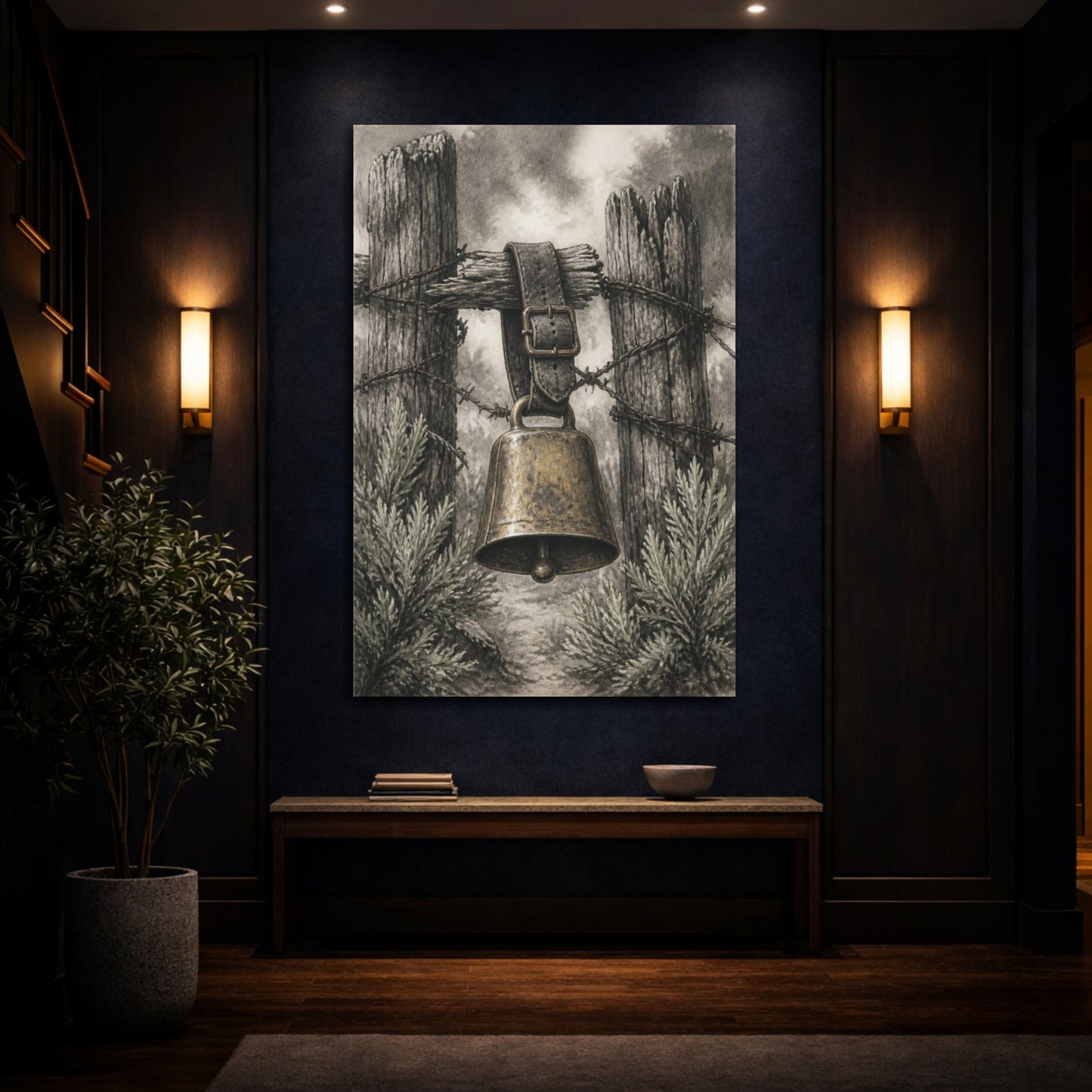 Mockup 4. Rustic Cowbell On Fence shown as canvas print
