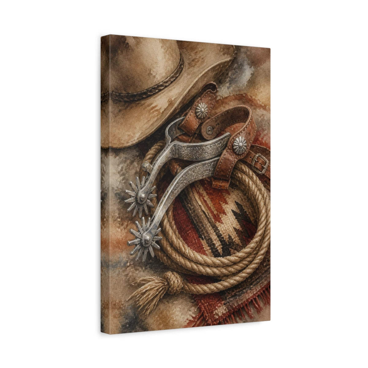 Side Mockup 4. Rustic Cowboy Spurs shown as canvas print