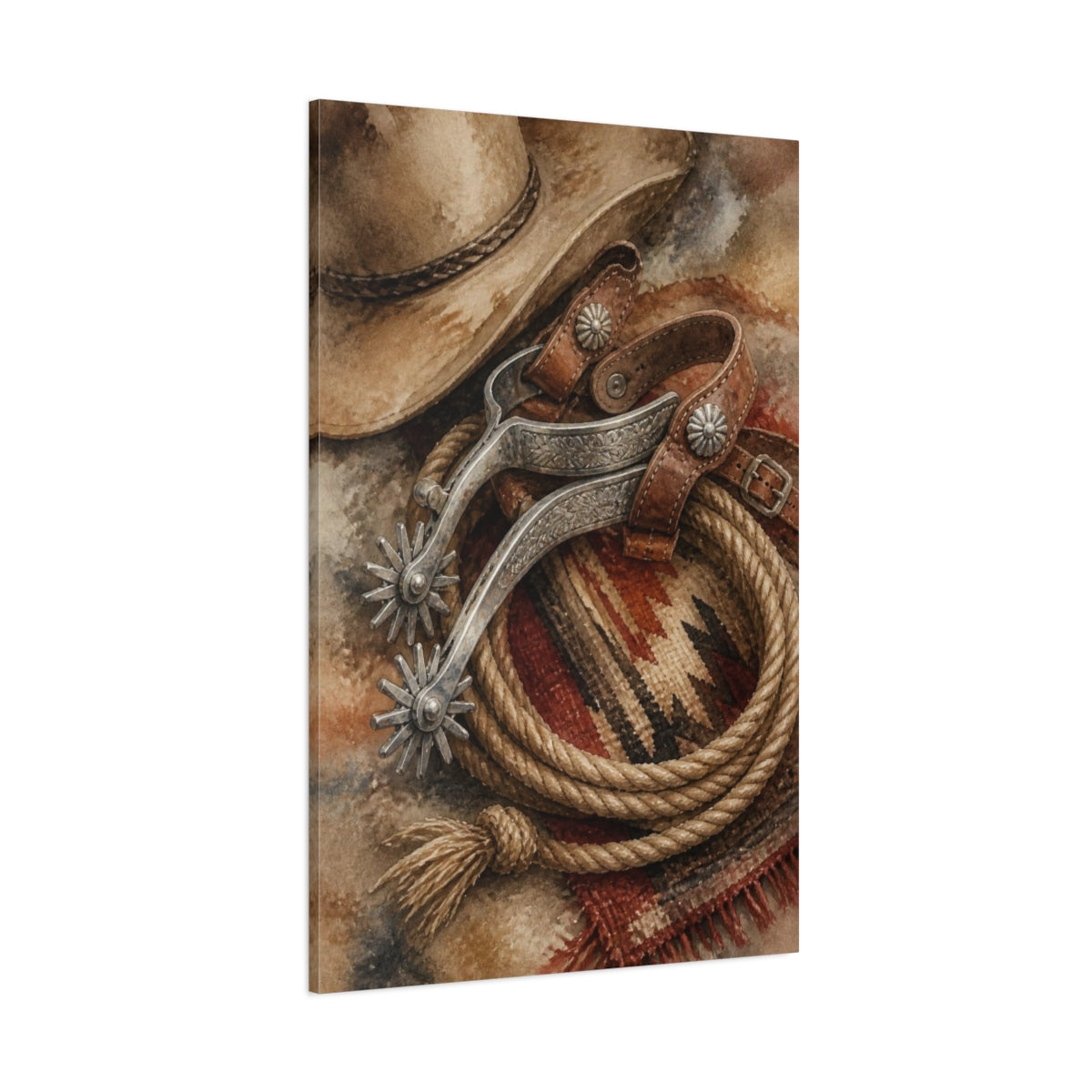 Side Mockup 1. Rustic Cowboy Spurs shown as canvas print