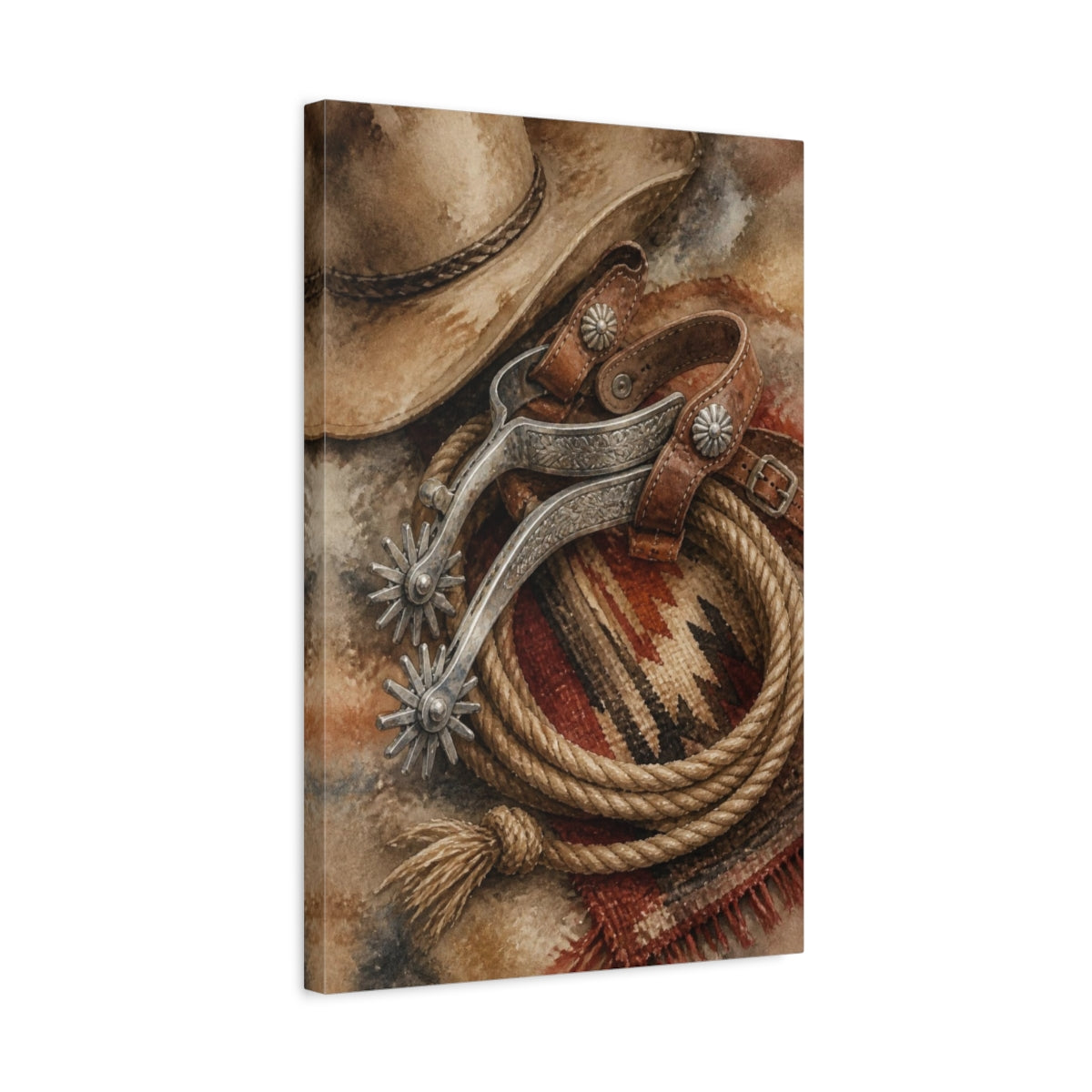 Side Mockup 3. Rustic Cowboy Spurs shown as canvas print