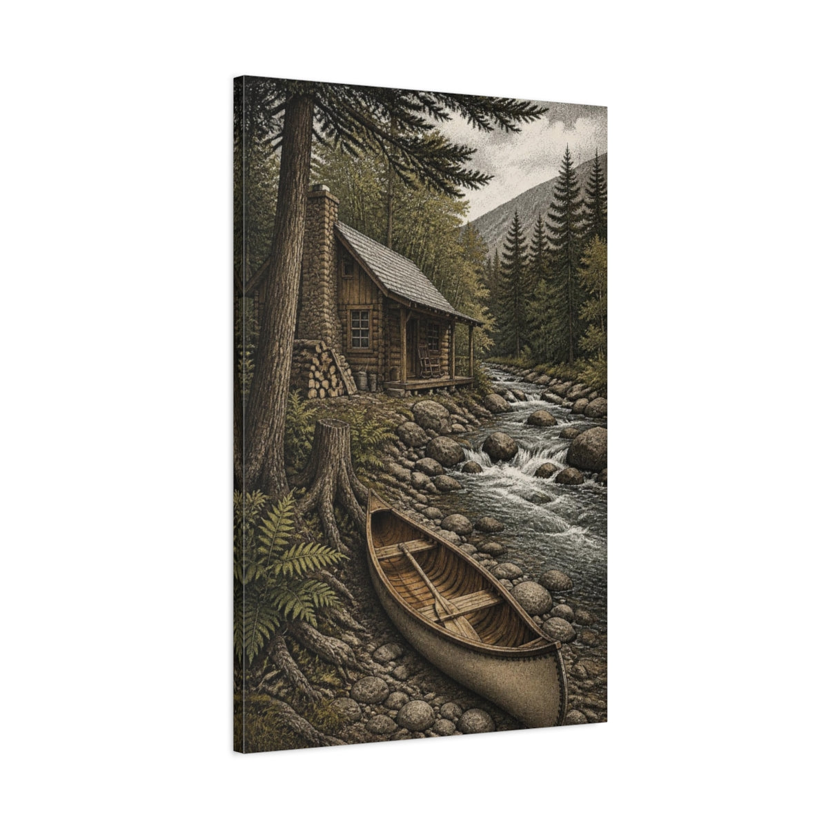 Main Mockup. Rustic Creekside Cabin shown as canvas print