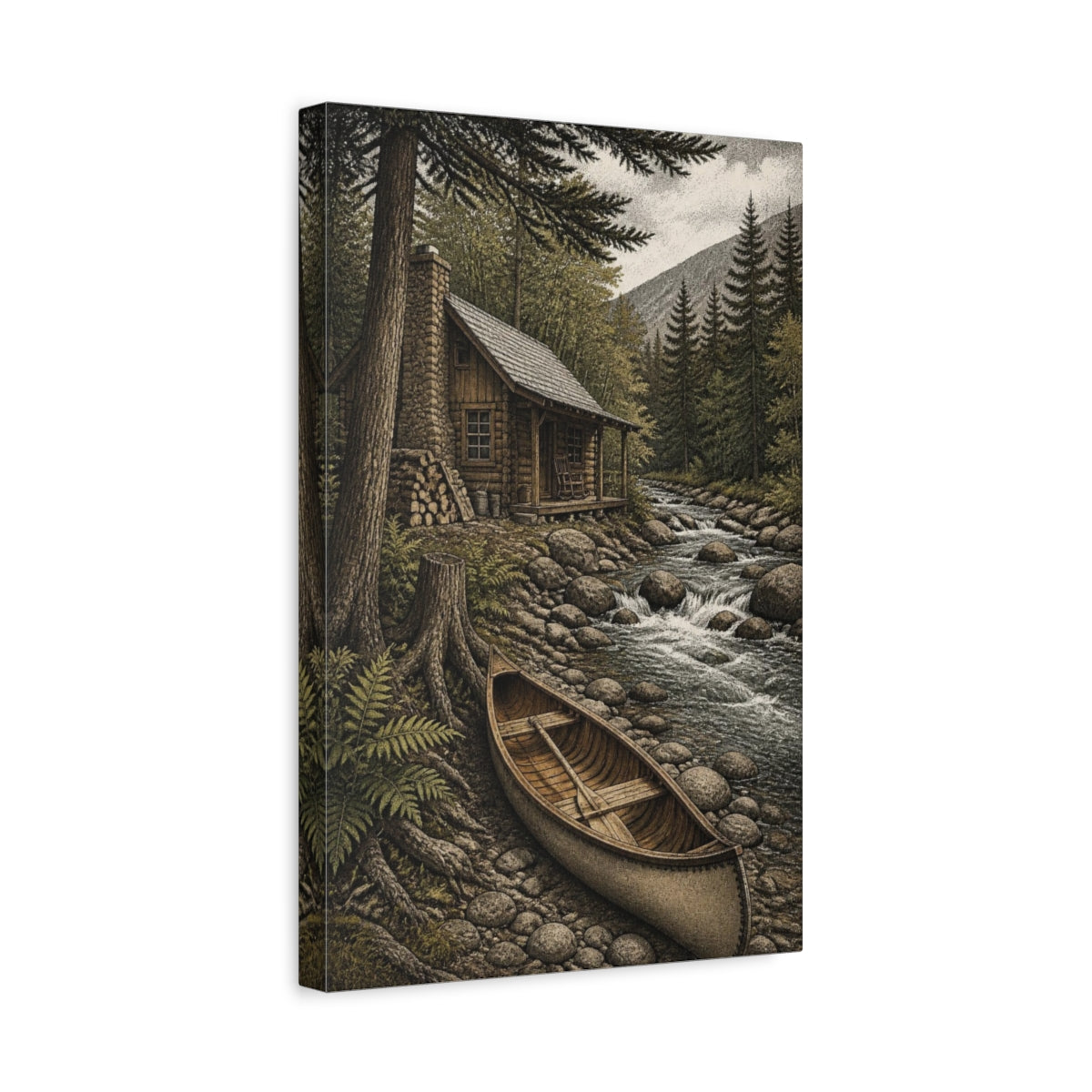 Side Mockup 4. Rustic Creekside Cabin shown as canvas print
