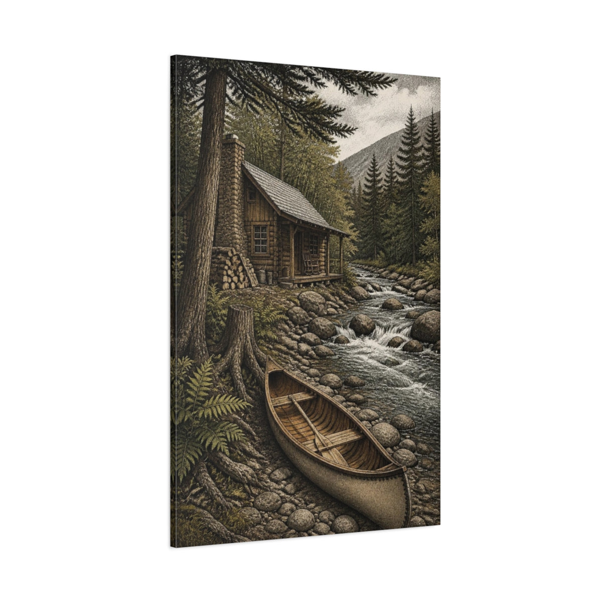 Side Mockup 1. Rustic Creekside Cabin shown as canvas print