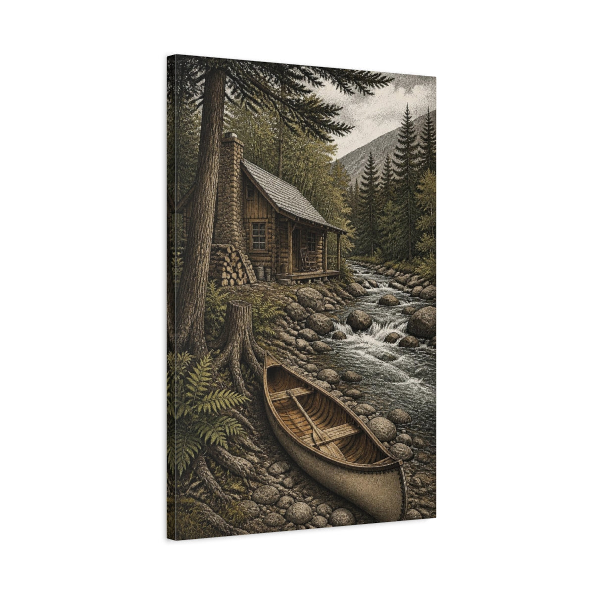Side Mockup 2. Rustic Creekside Cabin shown as canvas print