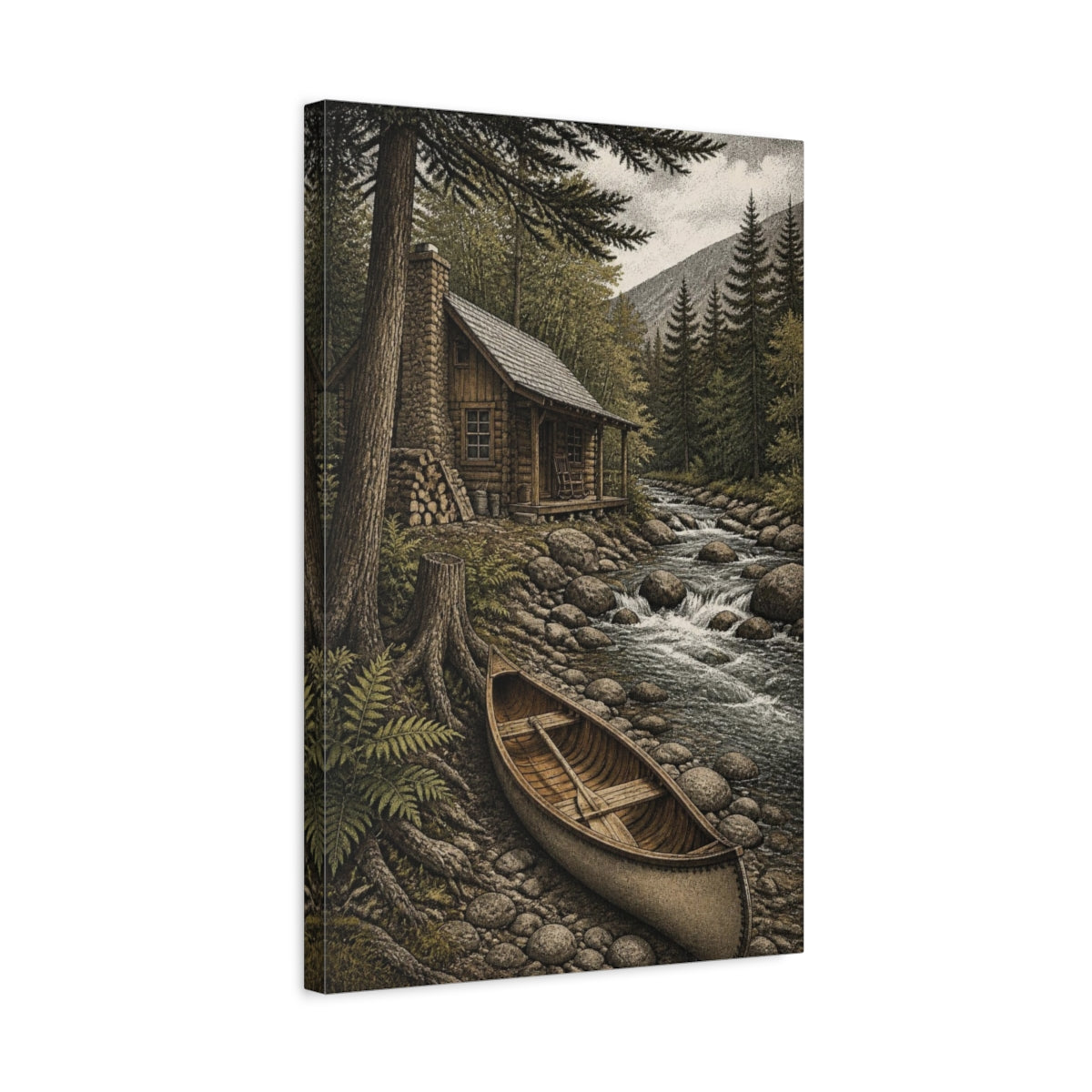 Side Mockup 3. Rustic Creekside Cabin shown as canvas print