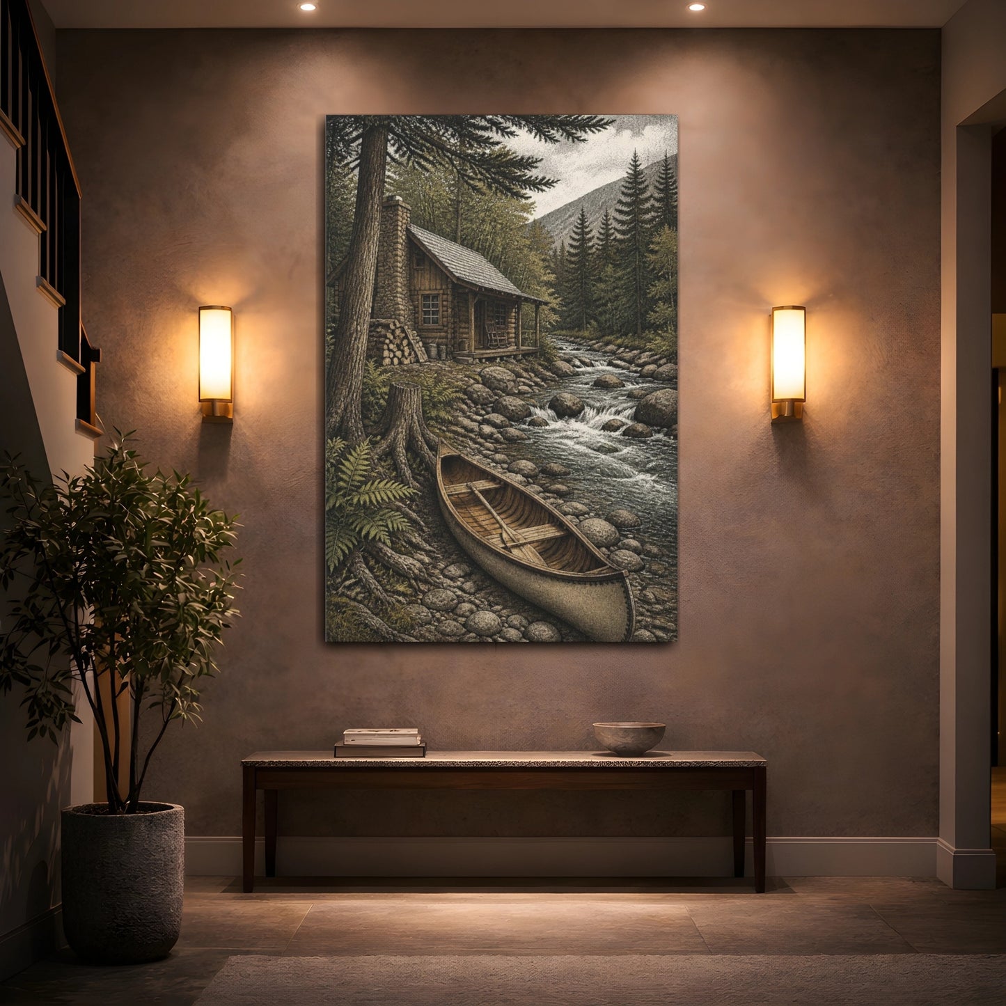 Mockup 2. Rustic Creekside Cabin shown as canvas print