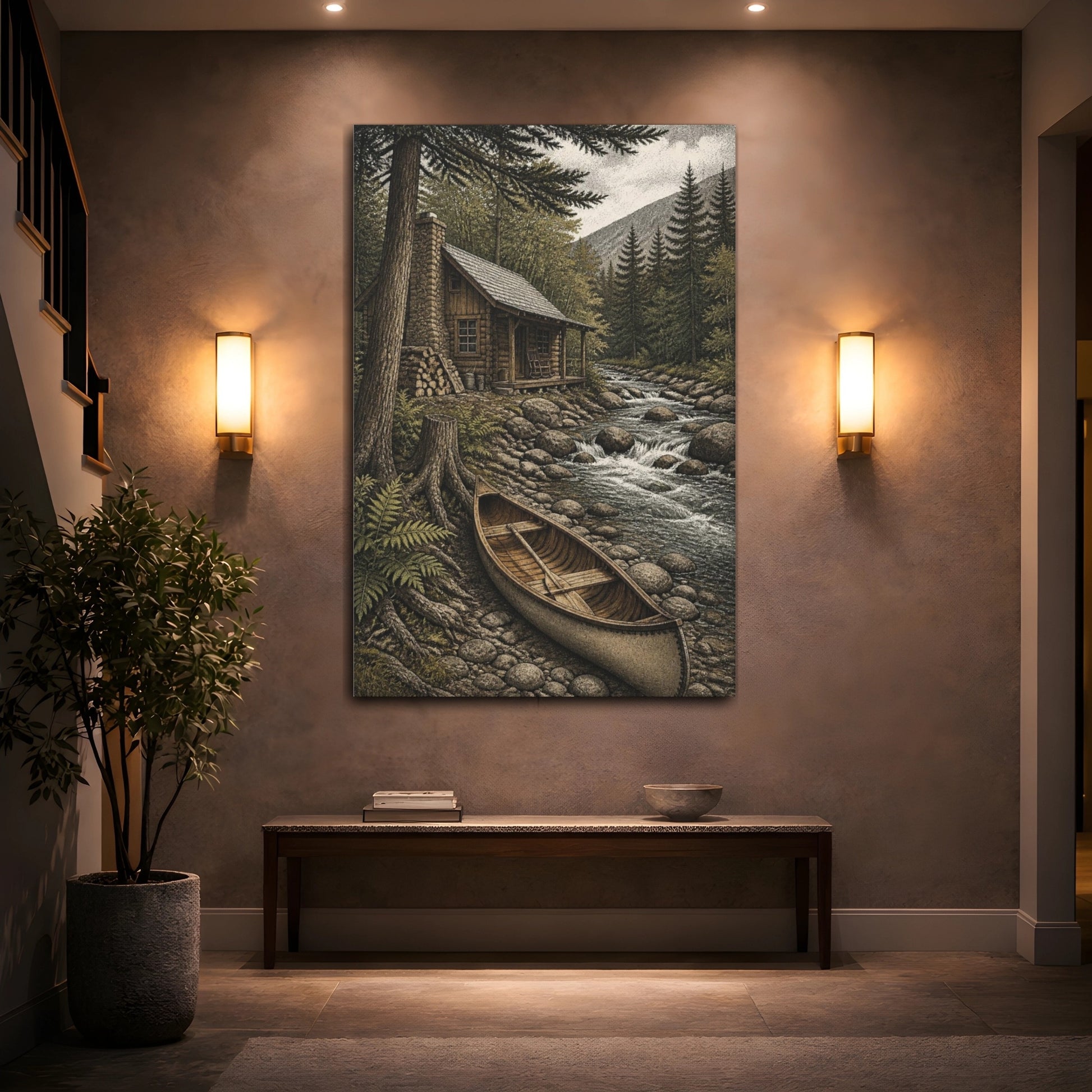 Mockup 2. Rustic Creekside Cabin shown as canvas print