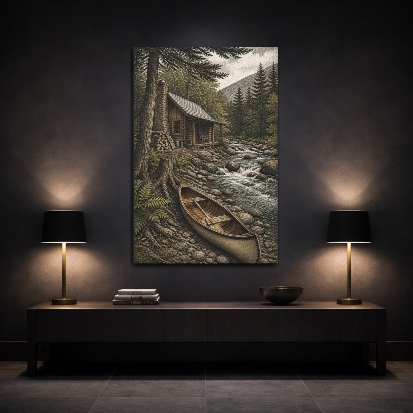 Mockup 3. Rustic Creekside Cabin shown as canvas print