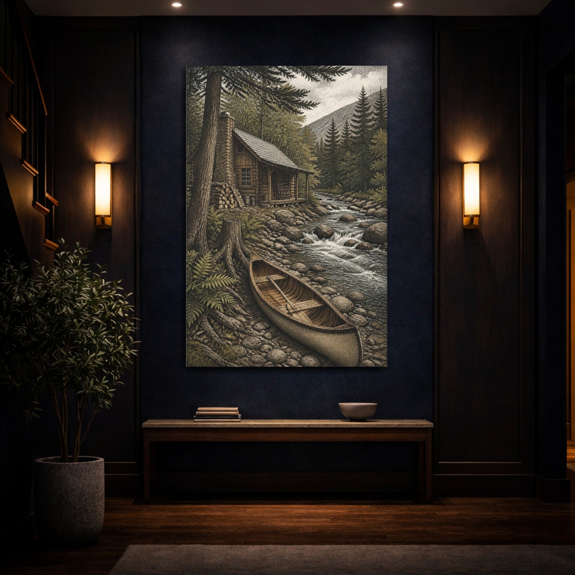 Mockup 4. Rustic Creekside Cabin shown as canvas print