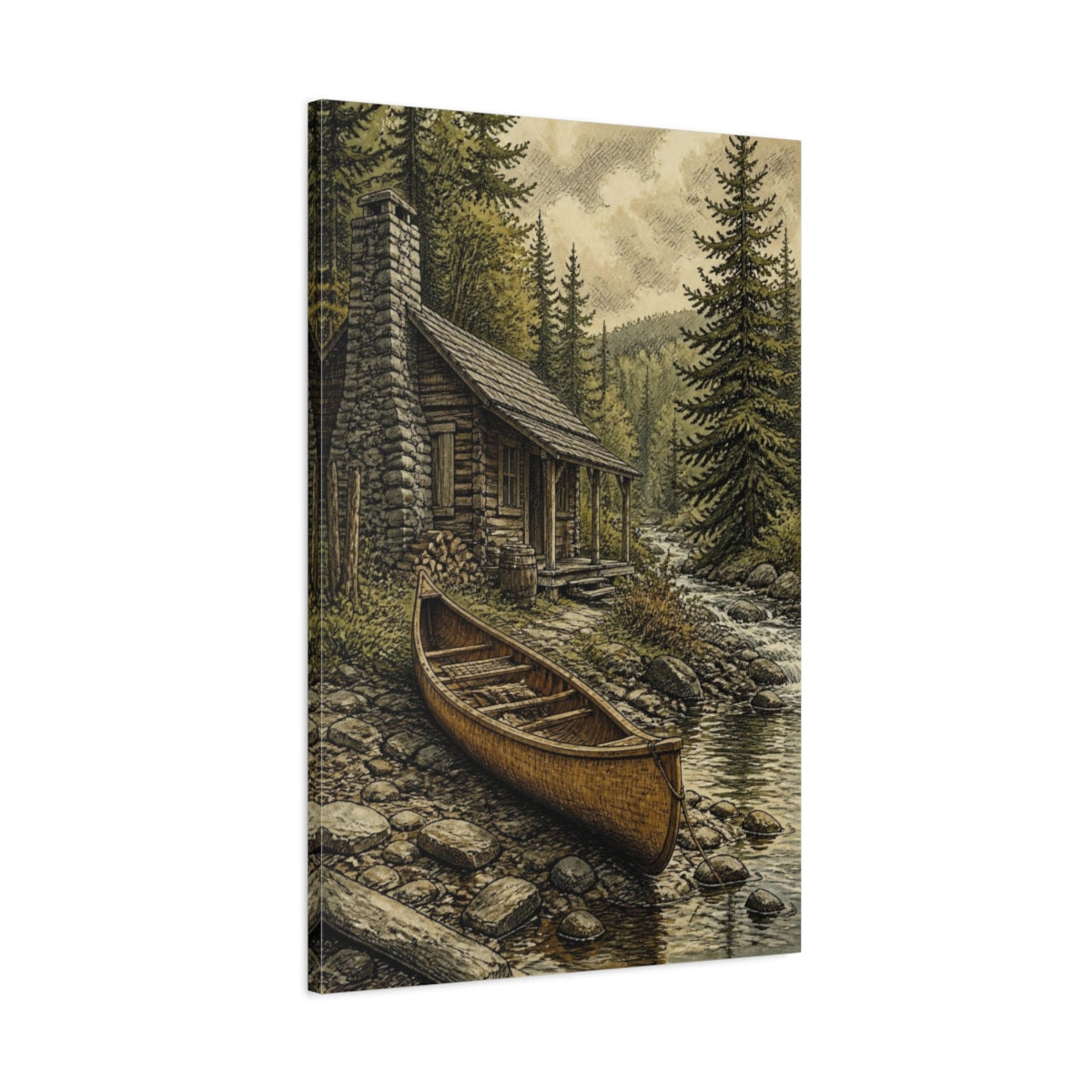 Main Mockup. Rustic Creekside Canoe shown as canvas print