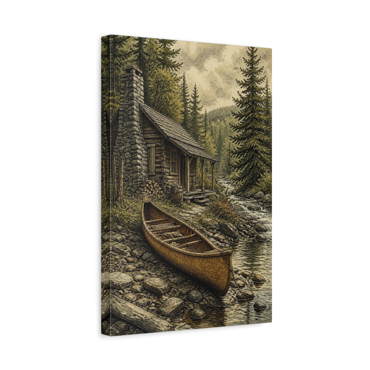 Side Mockup 4. Rustic Creekside Canoe shown as canvas print