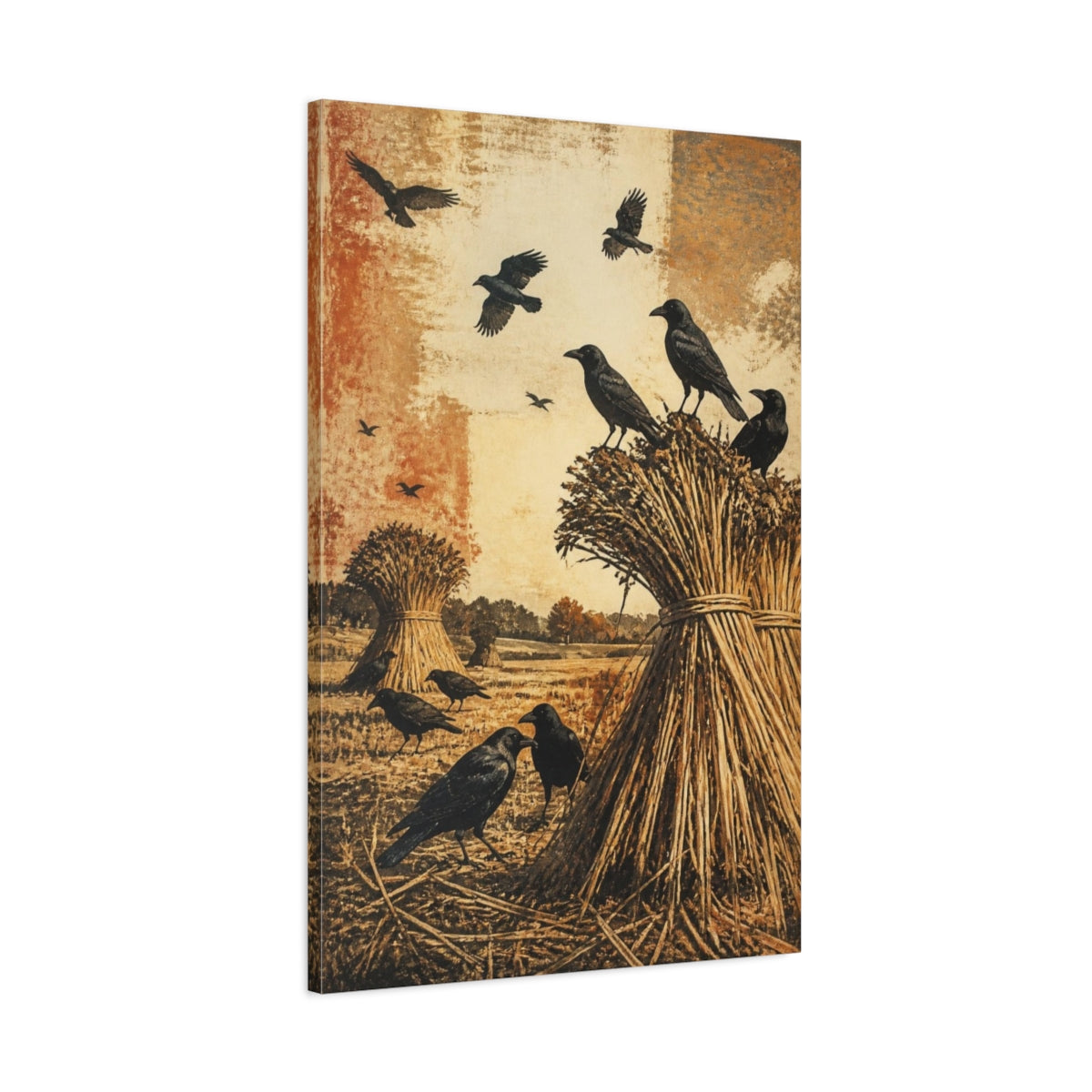 Main Mockup. Rustic Crows On Sheaves shown as canvas print