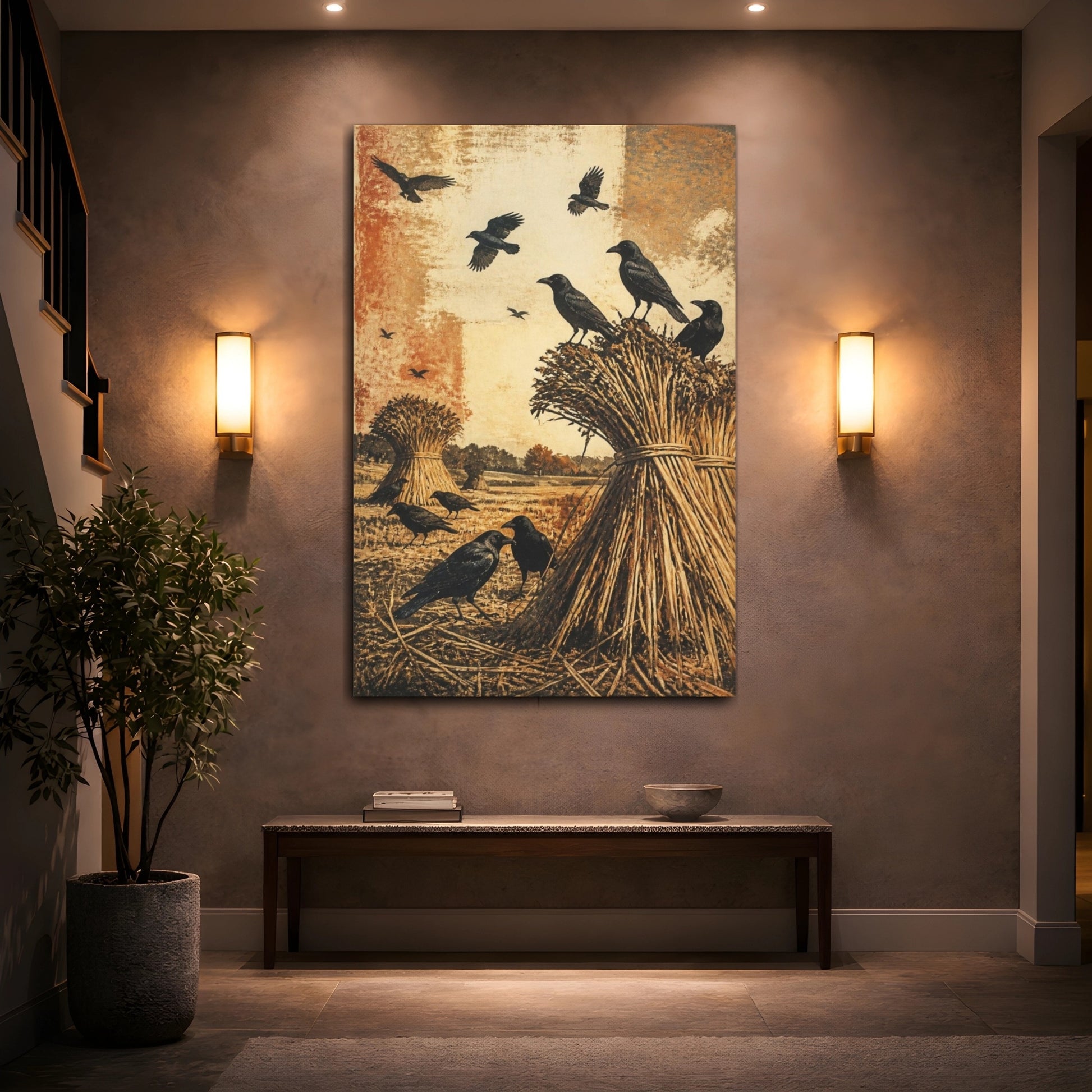 Mockup 2. Rustic Crows On Sheaves shown as canvas print