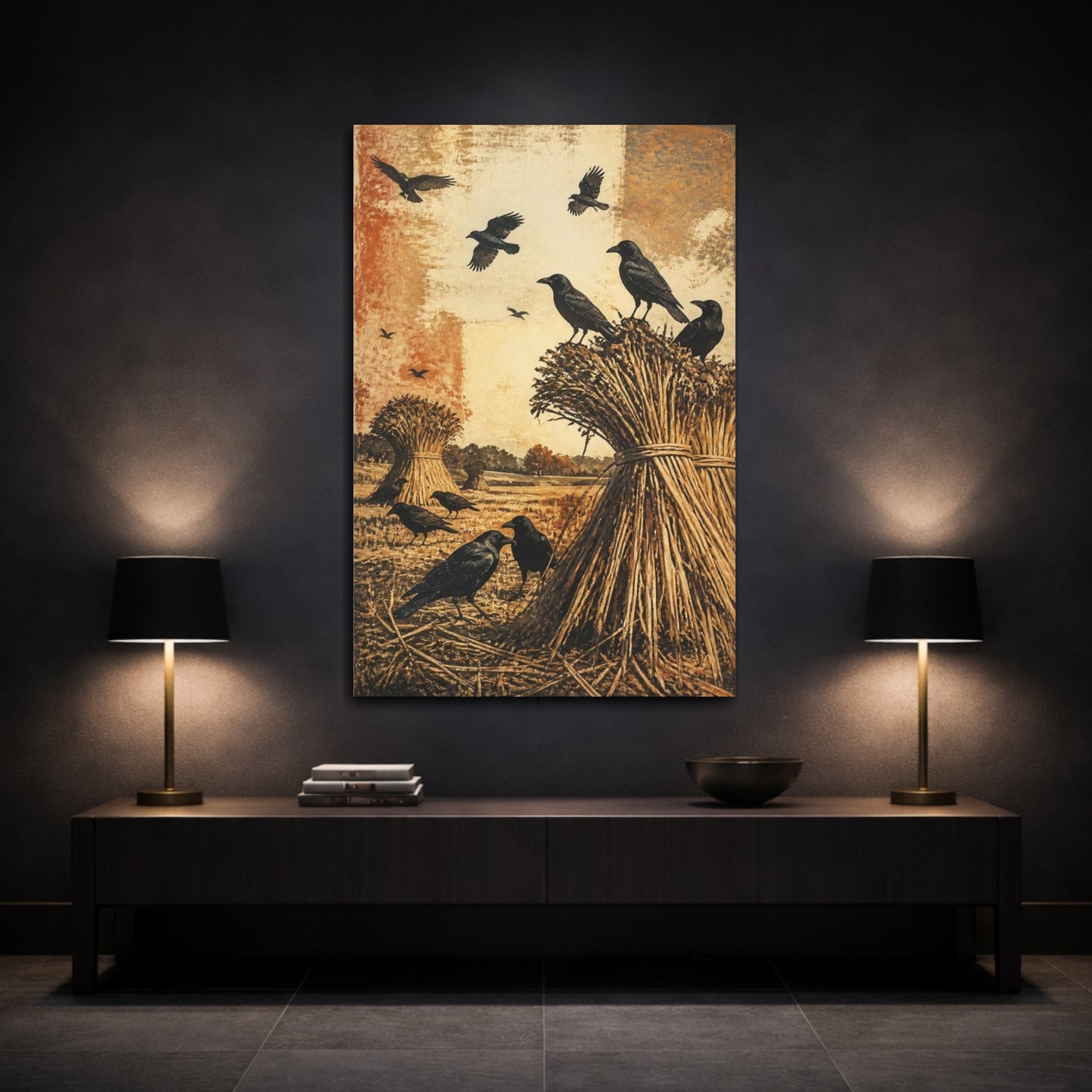 Mockup 3. Rustic Crows On Sheaves shown as canvas print