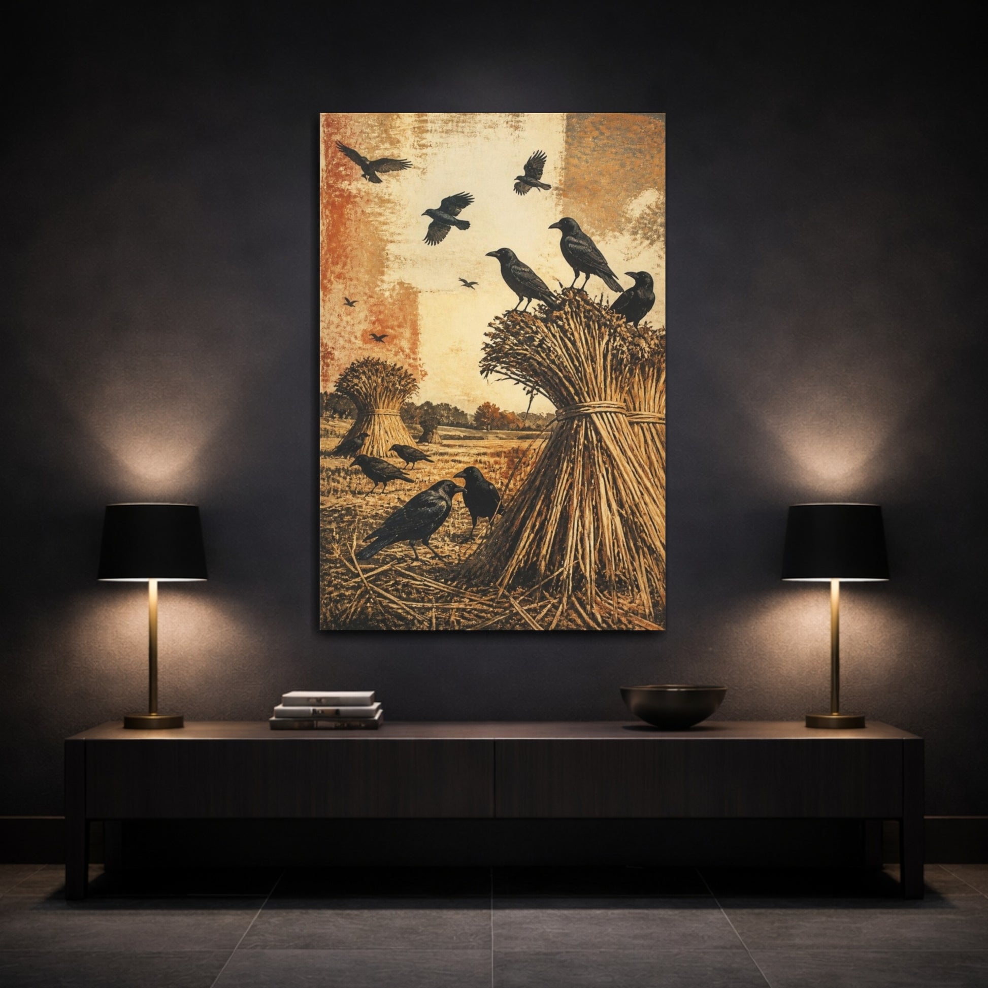 Mockup 3. Rustic Crows On Sheaves shown as canvas print