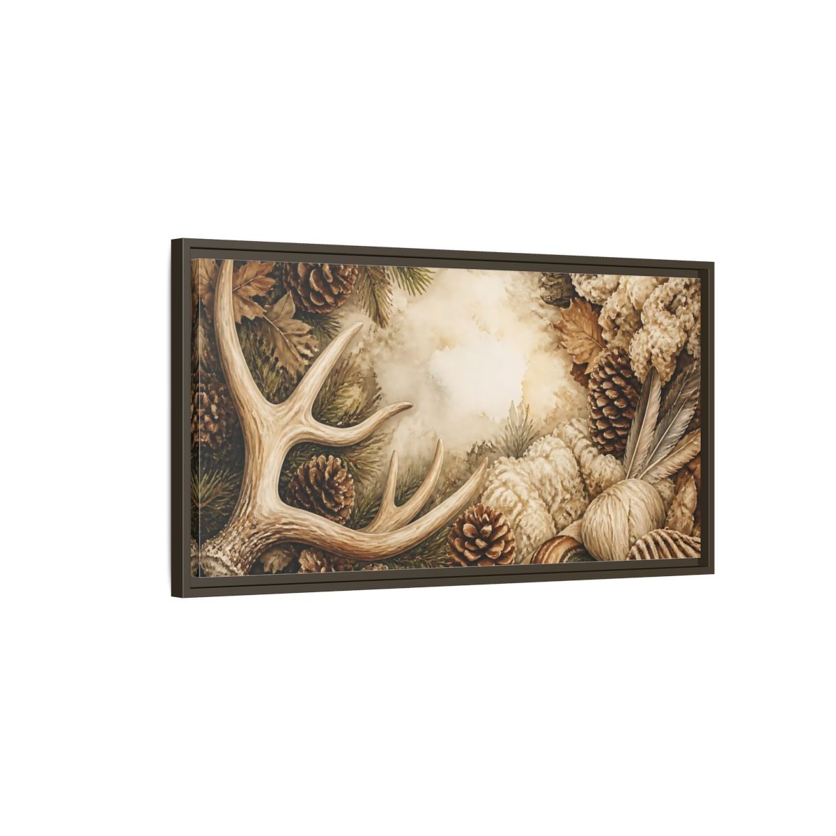 Main Mockup. Rustic Deer Antler Still Life shown as framed canvas print
