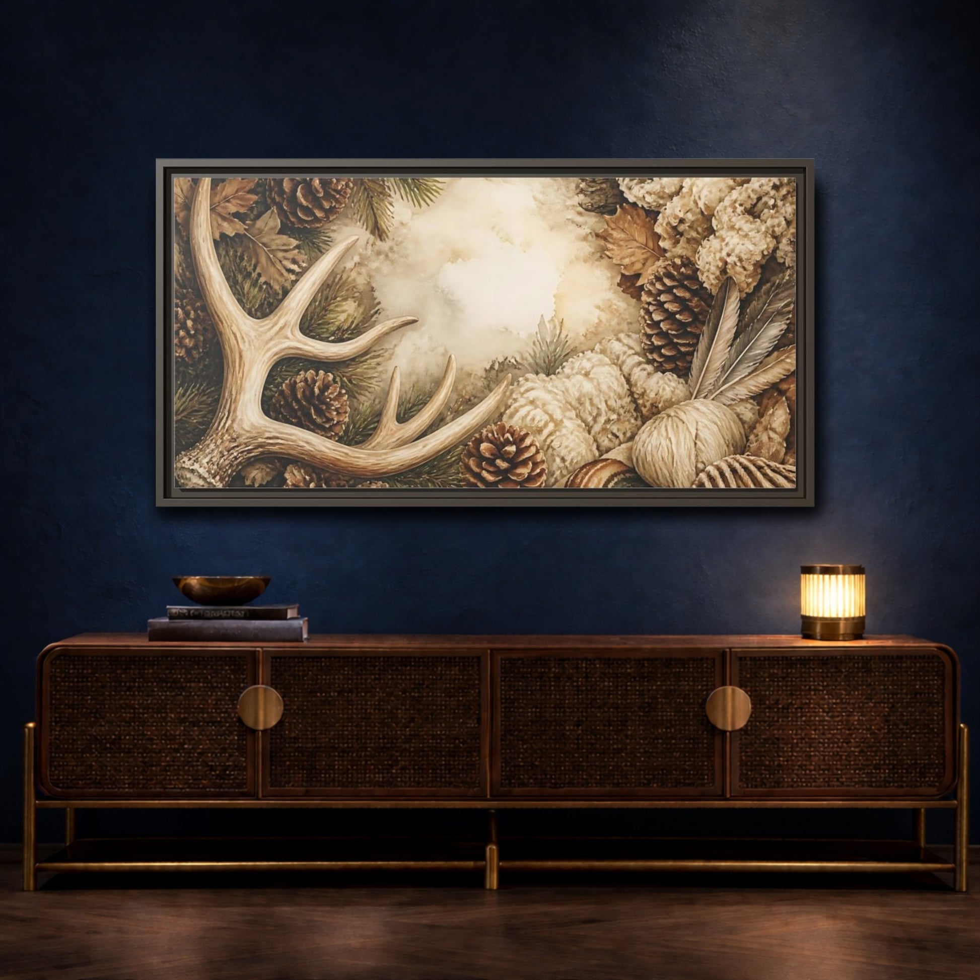 Mockup 4. Rustic Deer Antler Still Life shown as framed canvas print