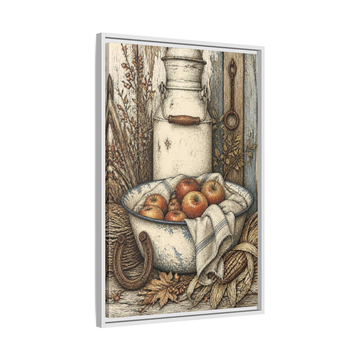 Side Mockup 10. Rustic Enamel Basin With Apples shown as framed canvas print