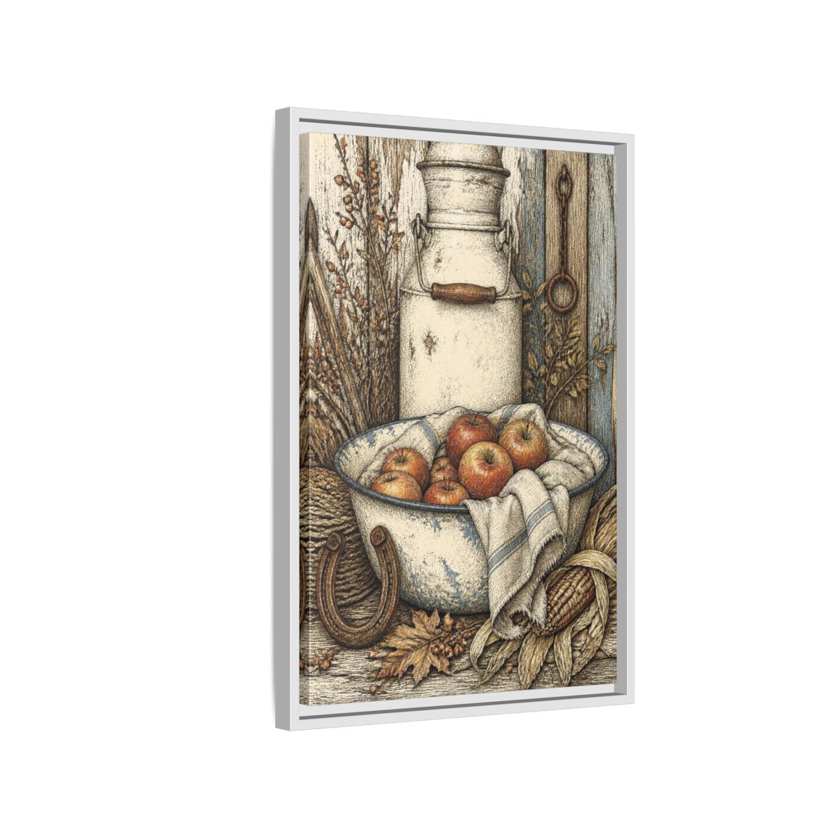 Side Mockup 1. Rustic Enamel Basin With Apples shown as framed canvas print