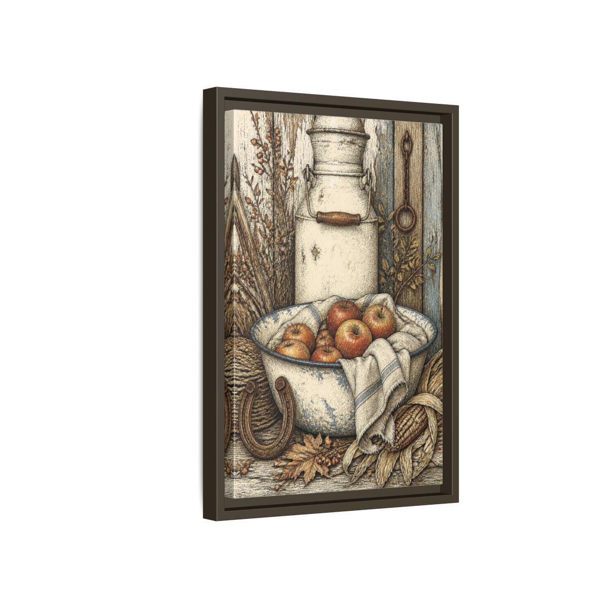 Side Mockup 5. Rustic Enamel Basin With Apples shown as framed canvas print