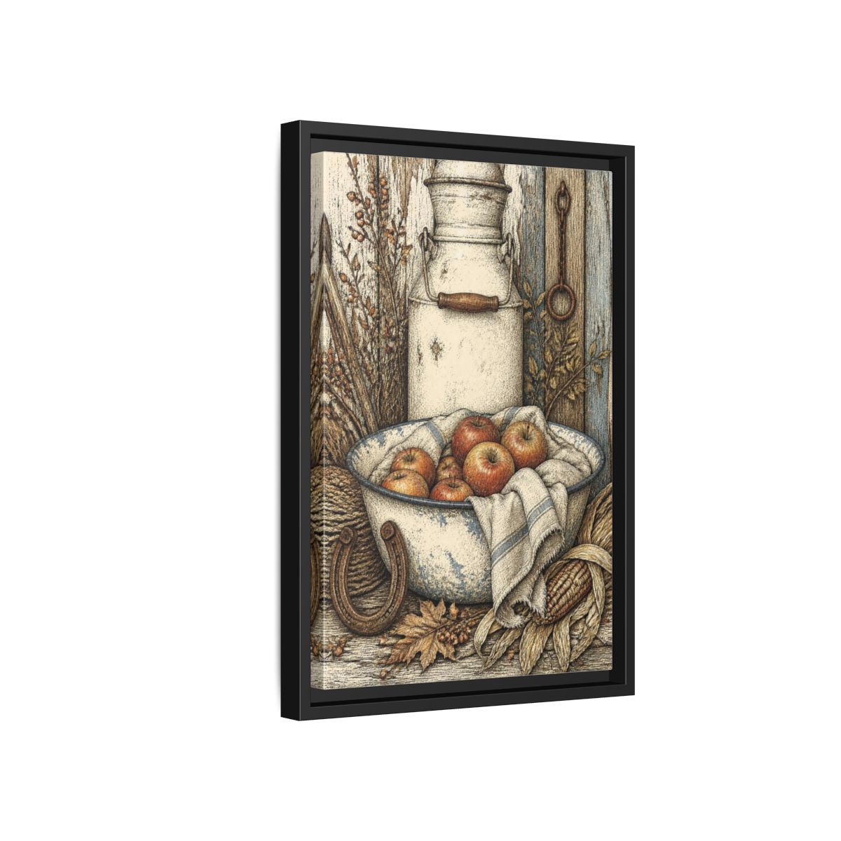 Side Mockup 6. Rustic Enamel Basin With Apples shown as framed canvas print