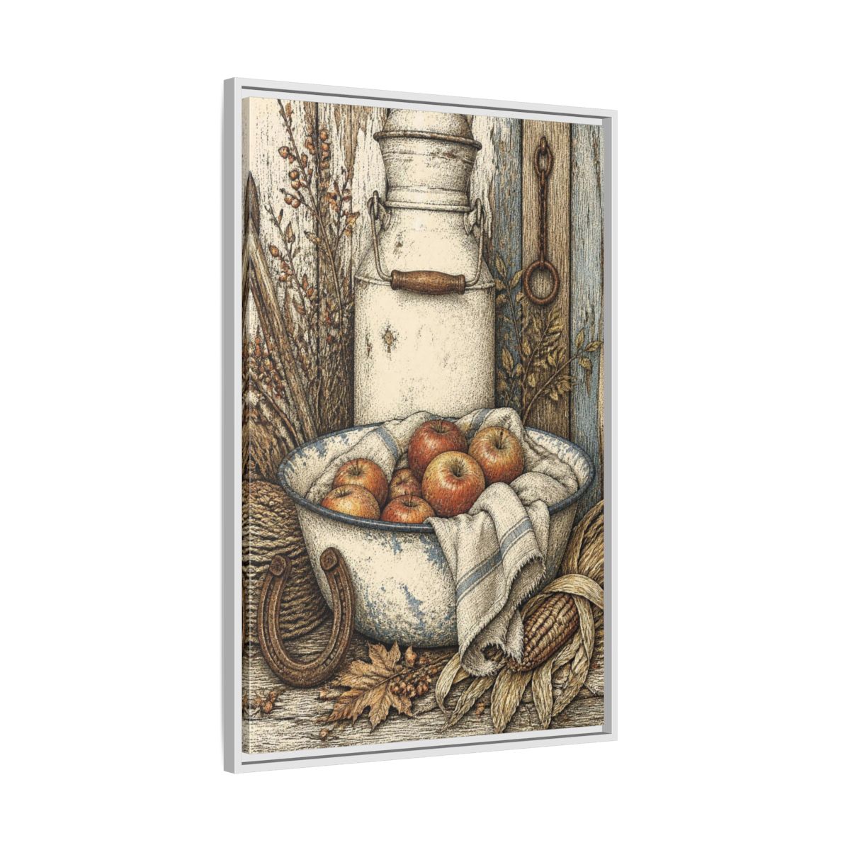 Side Mockup 9. Rustic Enamel Basin With Apples shown as framed canvas print