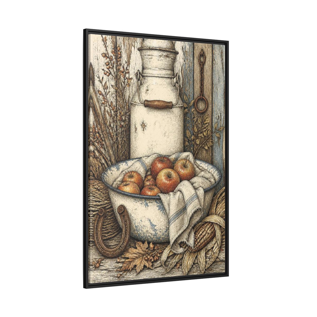 Side Mockup 12. Rustic Enamel Basin With Apples shown as framed canvas print