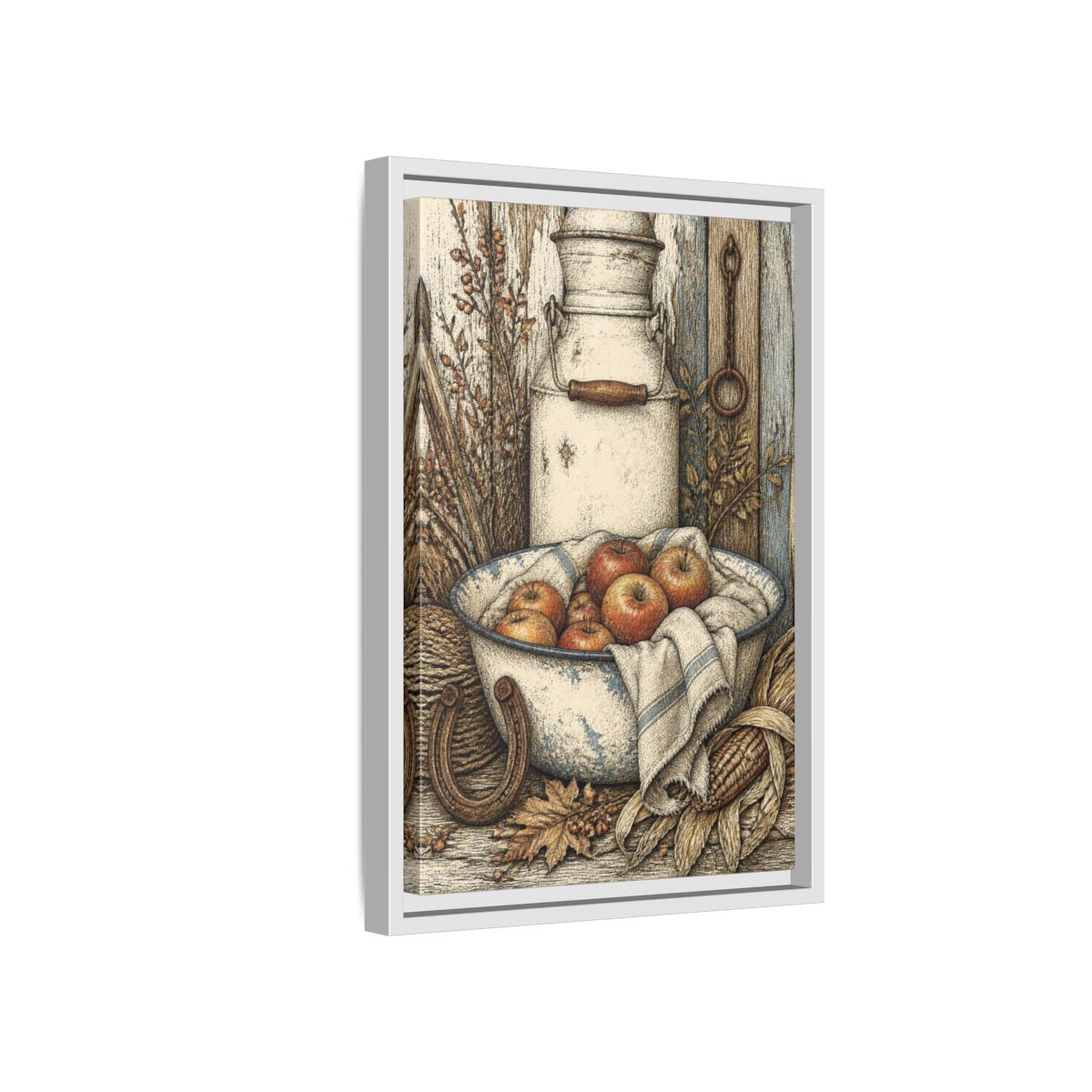 Side Mockup 4. Rustic Enamel Basin With Apples shown as framed canvas print