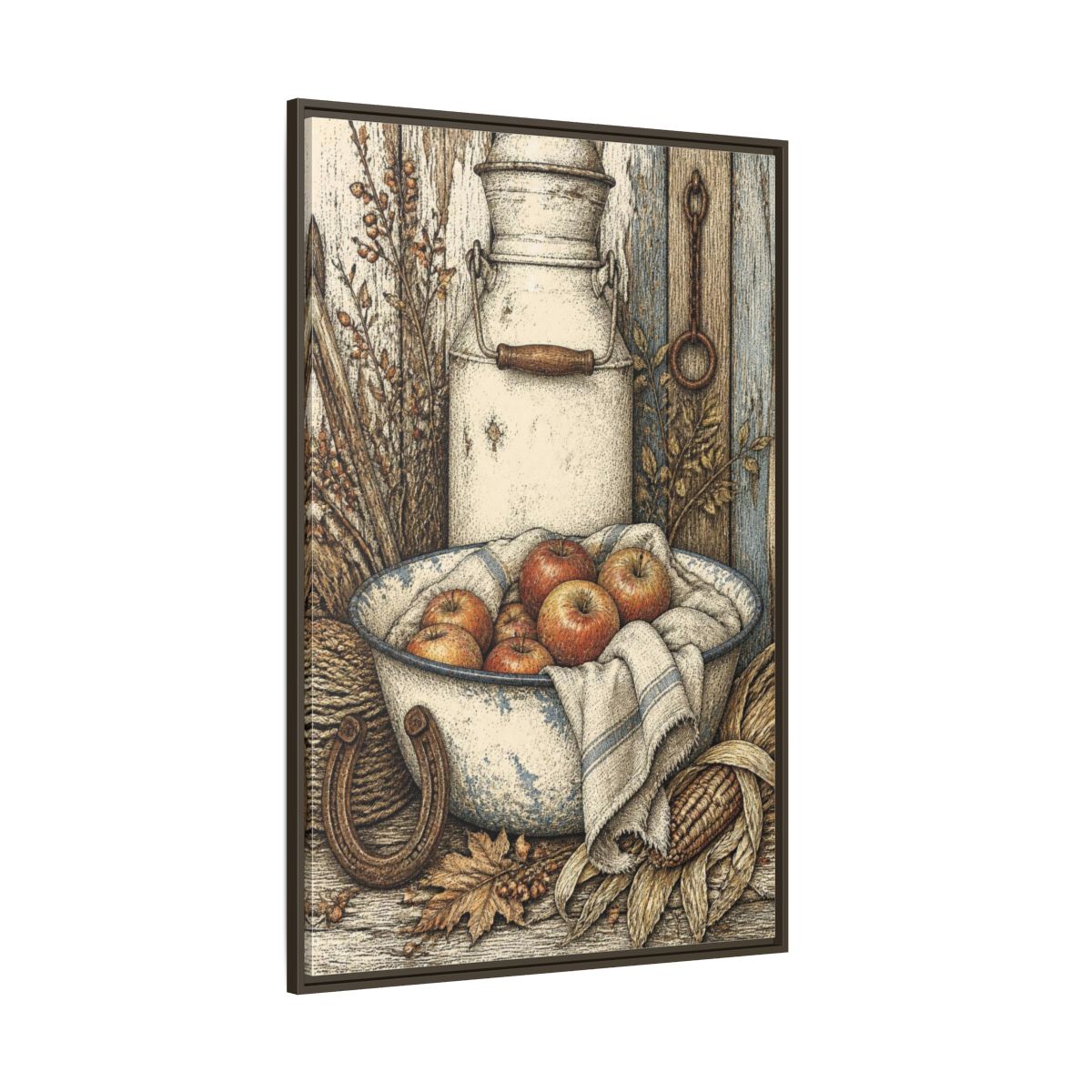 Side Mockup 8. Rustic Enamel Basin With Apples shown as framed canvas print