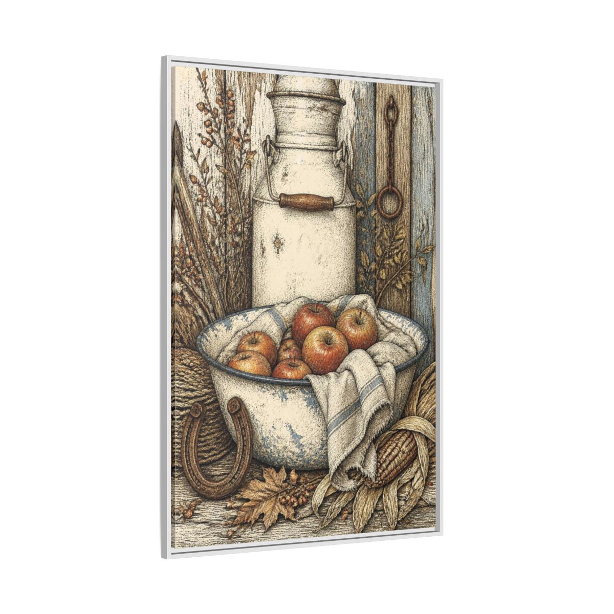 Side Mockup 7. Rustic Enamel Basin With Apples shown as framed canvas print