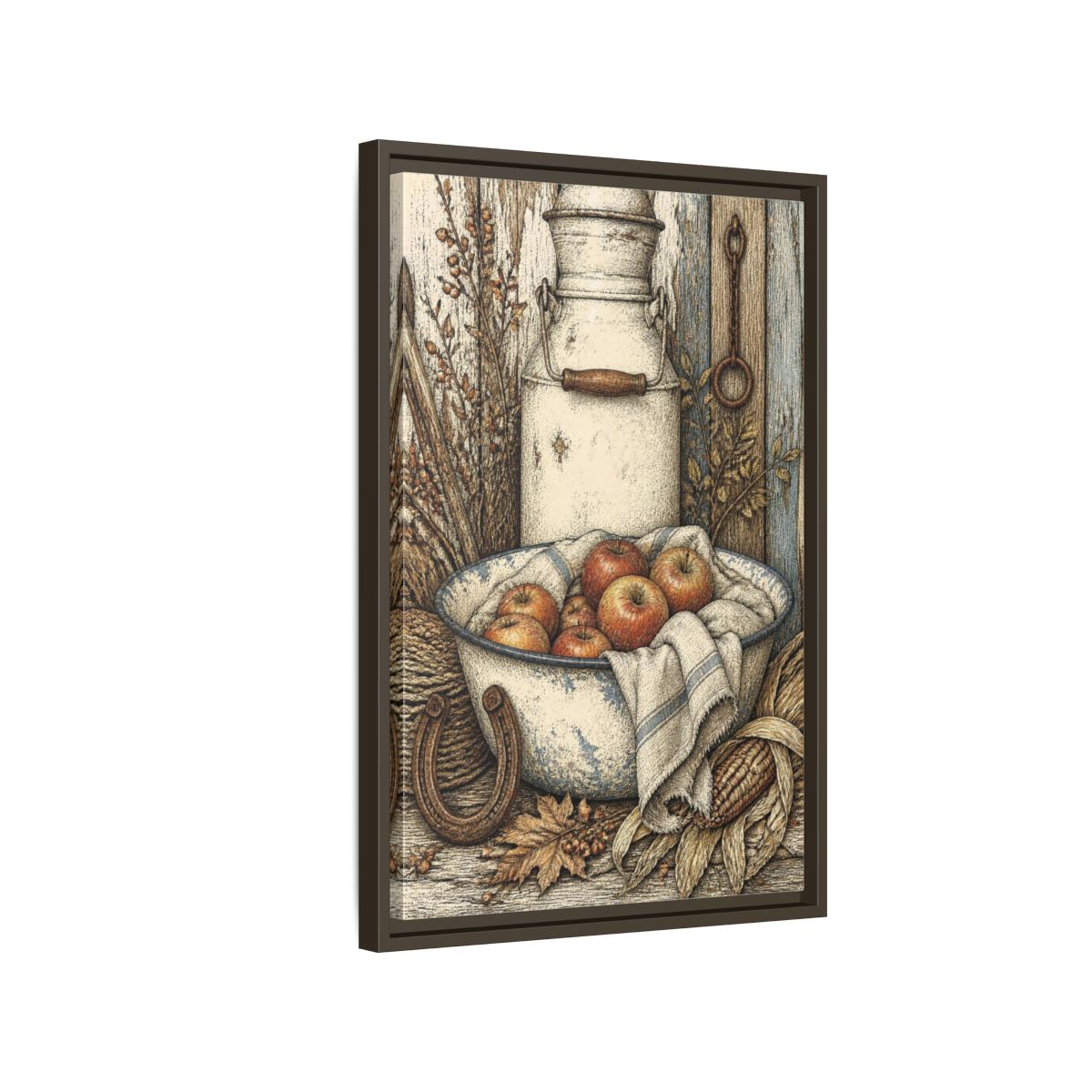 Side Mockup 2. Rustic Enamel Basin With Apples shown as framed canvas print