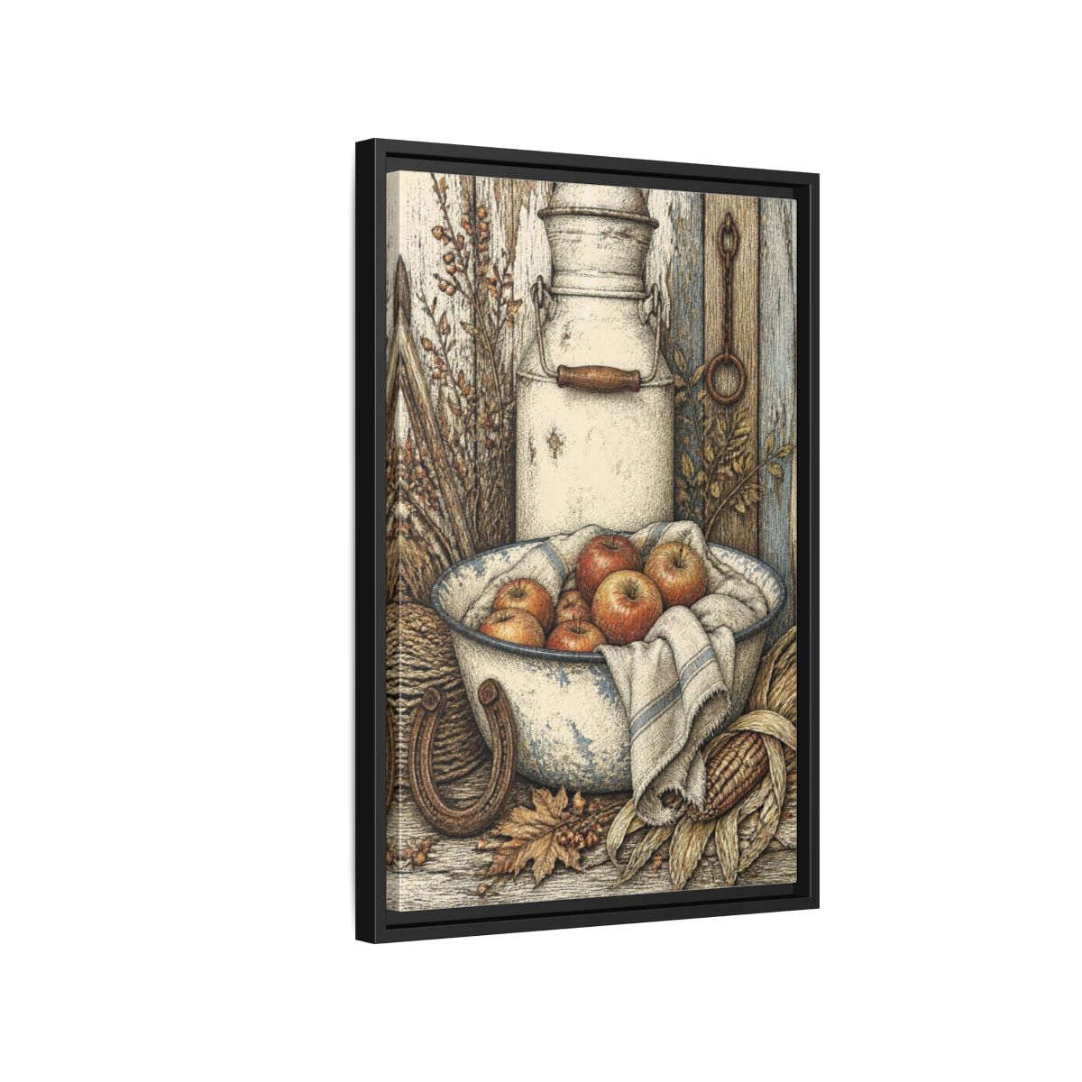 Side Mockup 3. Rustic Enamel Basin With Apples shown as framed canvas print