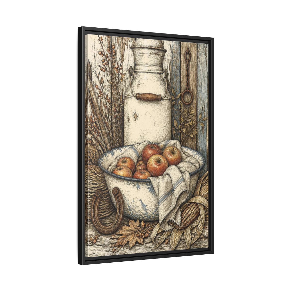 Side Mockup 14. Rustic Enamel Basin With Apples shown as framed canvas print
