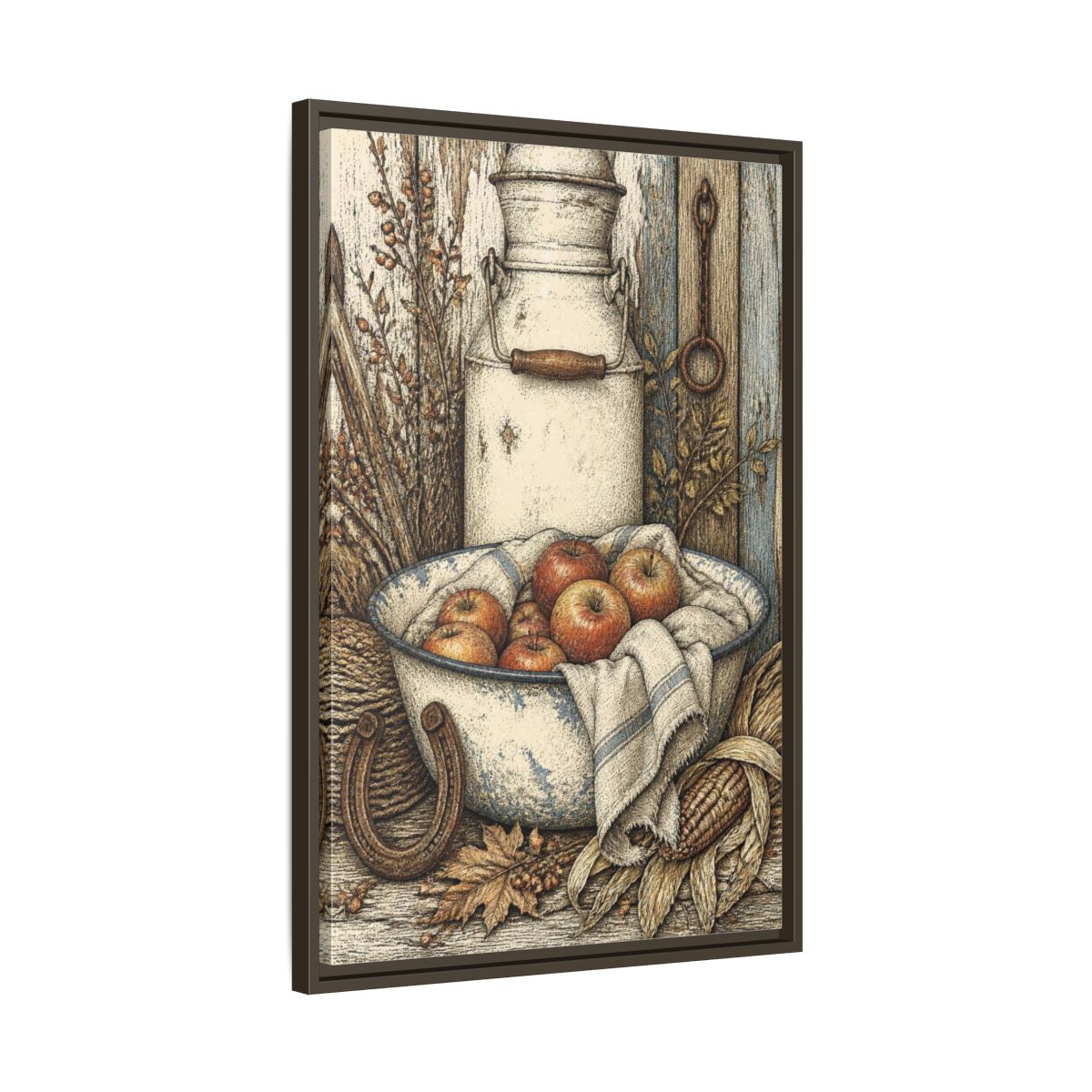 Side Mockup 11. Rustic Enamel Basin With Apples shown as framed canvas print