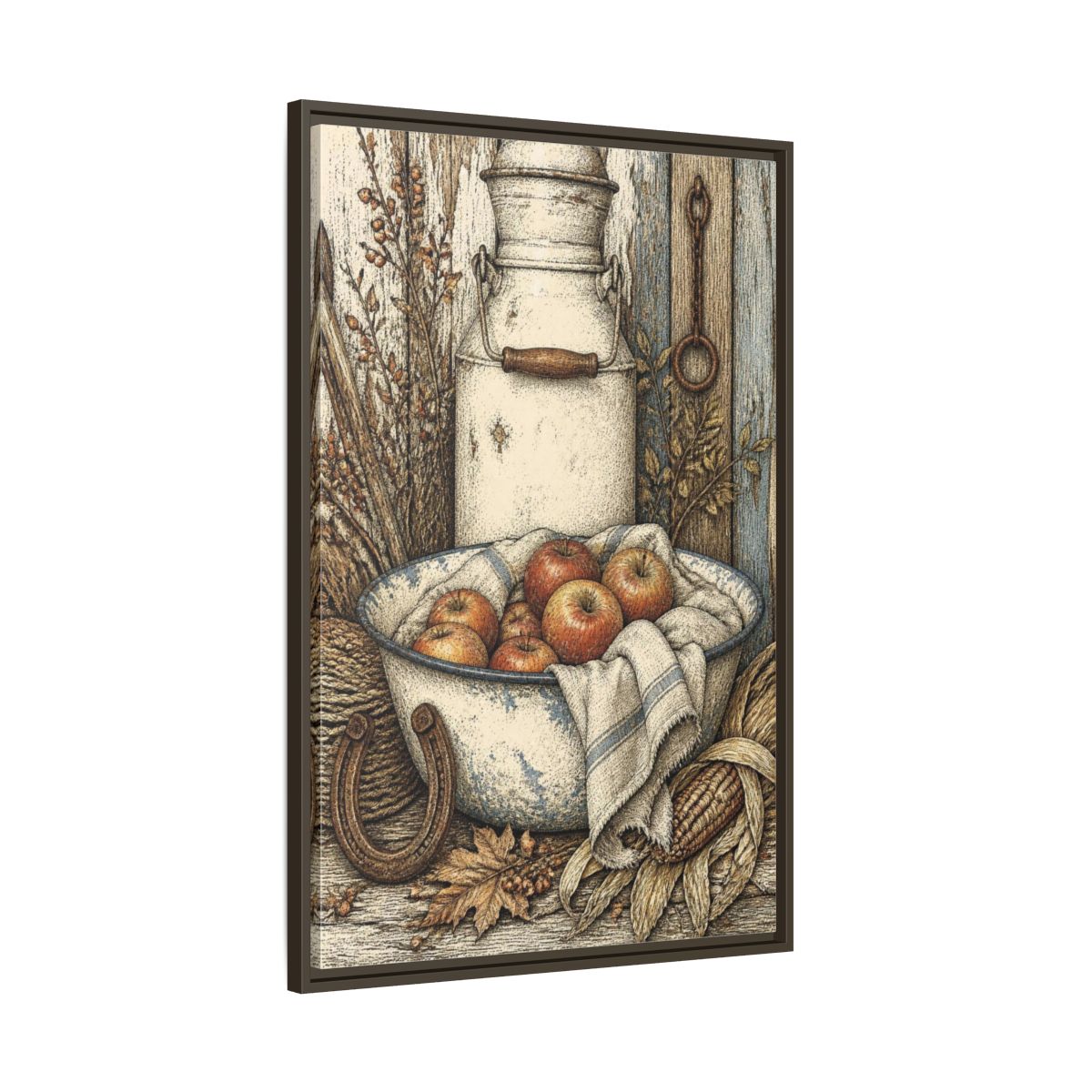 Main Mockup. Rustic Enamel Basin With Apples shown as framed canvas print