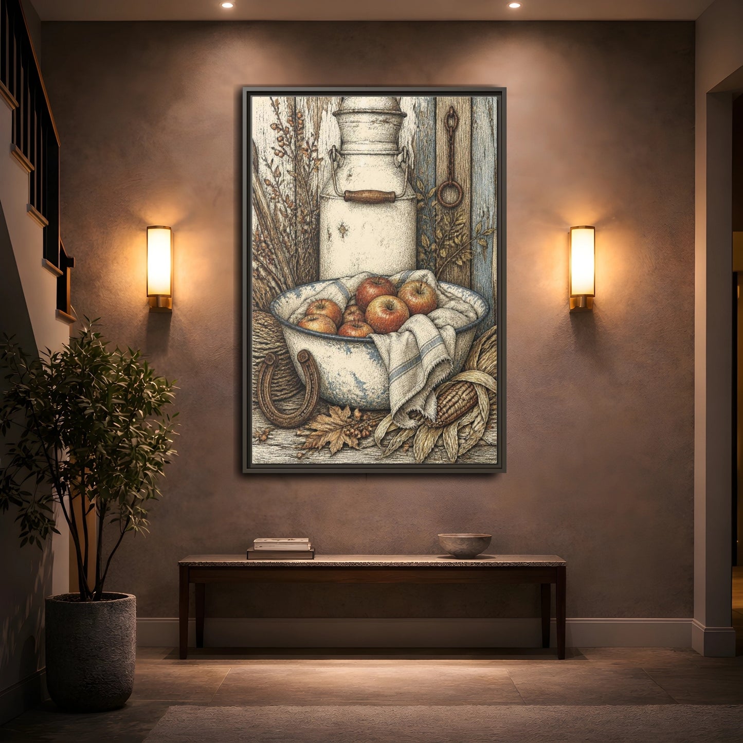 Mockup 2. Rustic Enamel Basin With Apples shown as framed canvas print