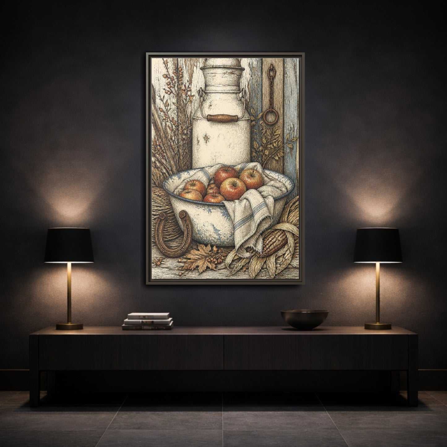 Mockup 3. Rustic Enamel Basin With Apples shown as framed canvas print