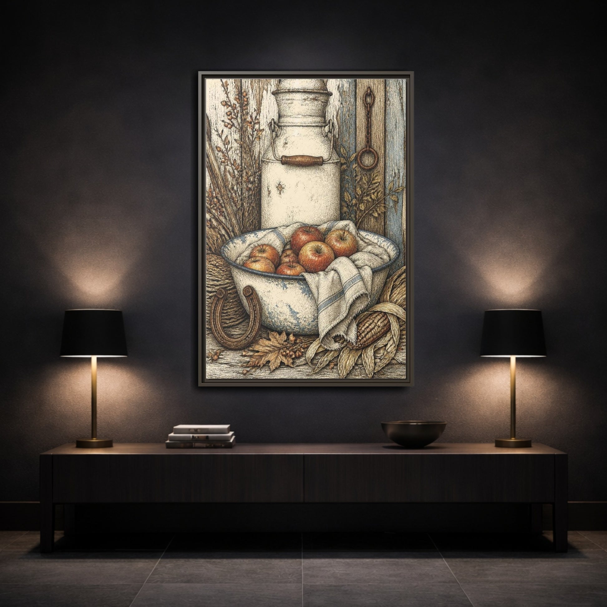 Mockup 3. Rustic Enamel Basin With Apples shown as framed canvas print