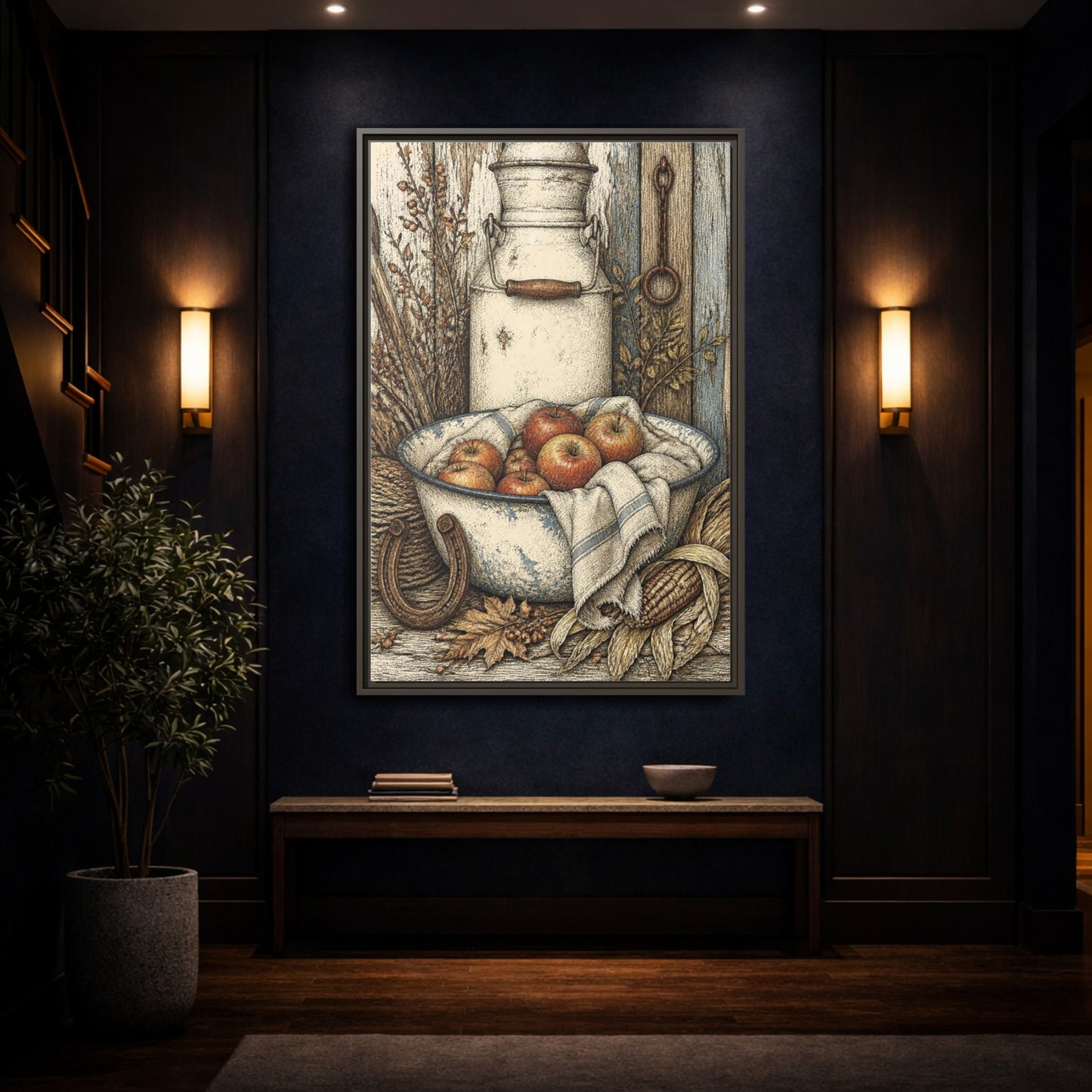 Mockup 4. Rustic Enamel Basin With Apples shown as framed canvas print
