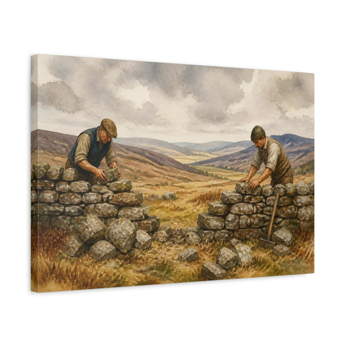 Side Mockup 3. Rustic Farmers Rebuilding Wall shown as canvas print