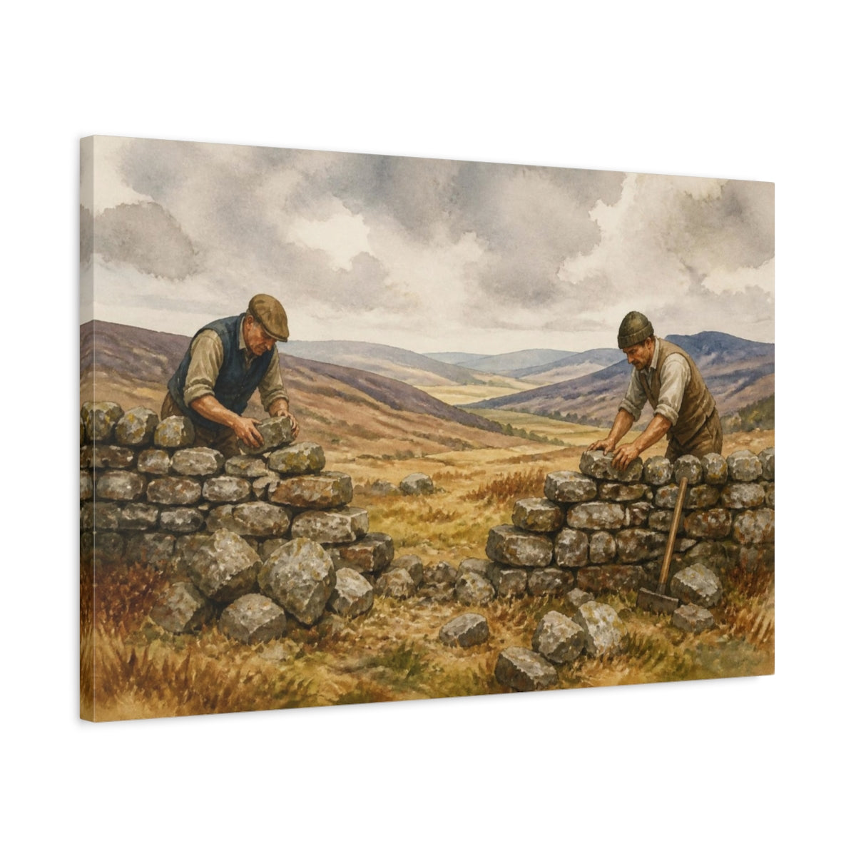 Side Mockup 2. Rustic Farmers Rebuilding Wall shown as canvas print