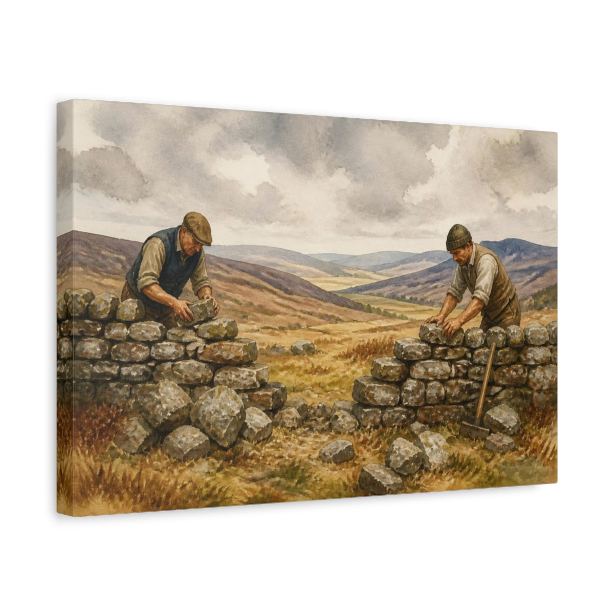 Side Mockup 4. Rustic Farmers Rebuilding Wall shown as canvas print