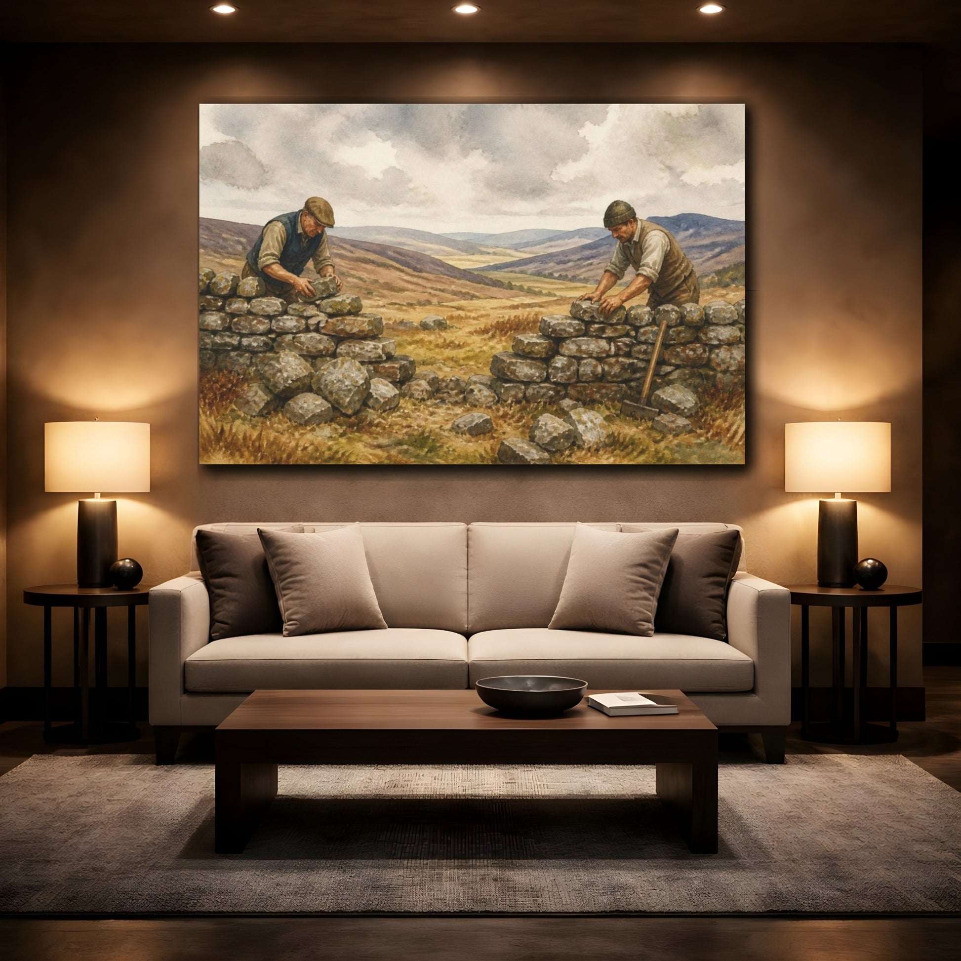 Mockup 2. Rustic Farmers Rebuilding Wall shown as canvas print