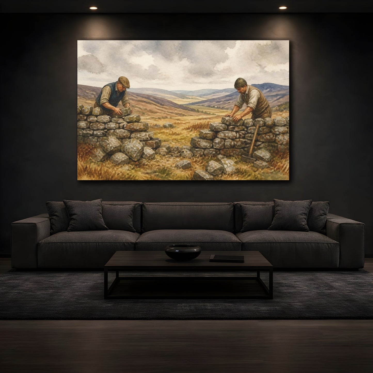 Mockup 3. Rustic Farmers Rebuilding Wall shown as canvas print